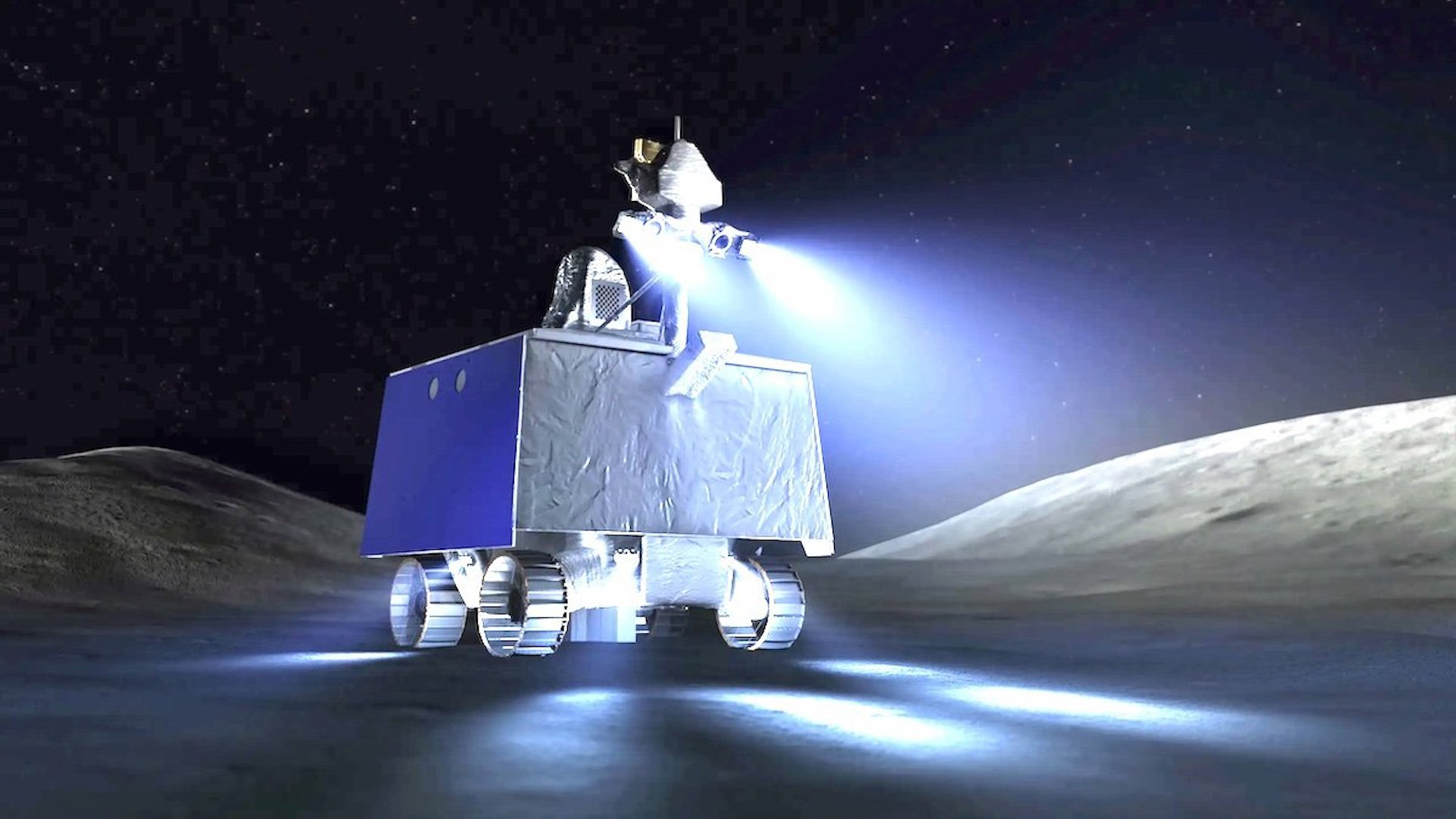 Illustration of VIPER (Volatiles Investigating Polar Exploration Rover) on the moon.
