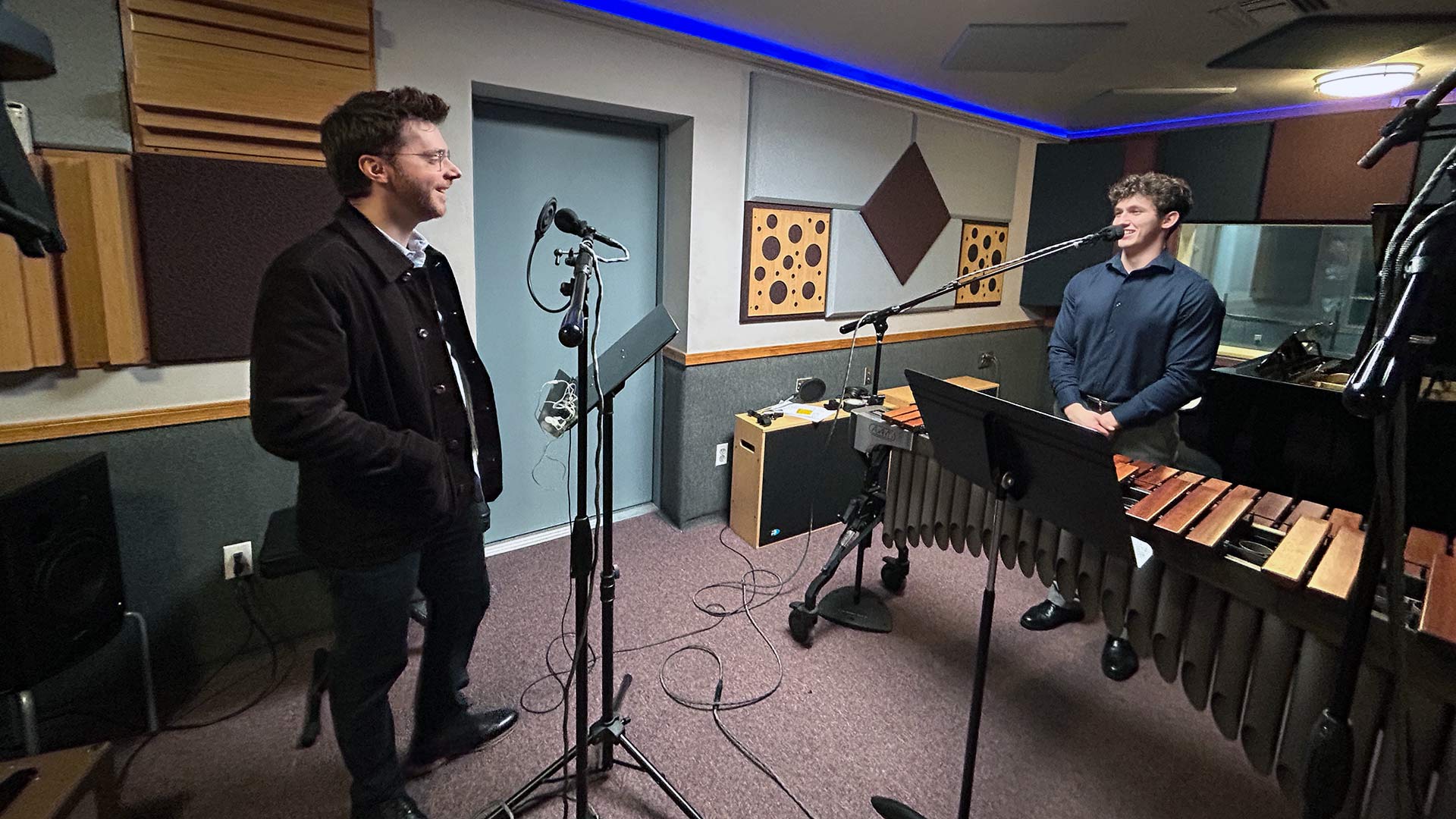 "From the Top" host Peter Dugan (left) and 17-year-old marimba player and Tucsonan Campbell Stewart (right), talk in studio.