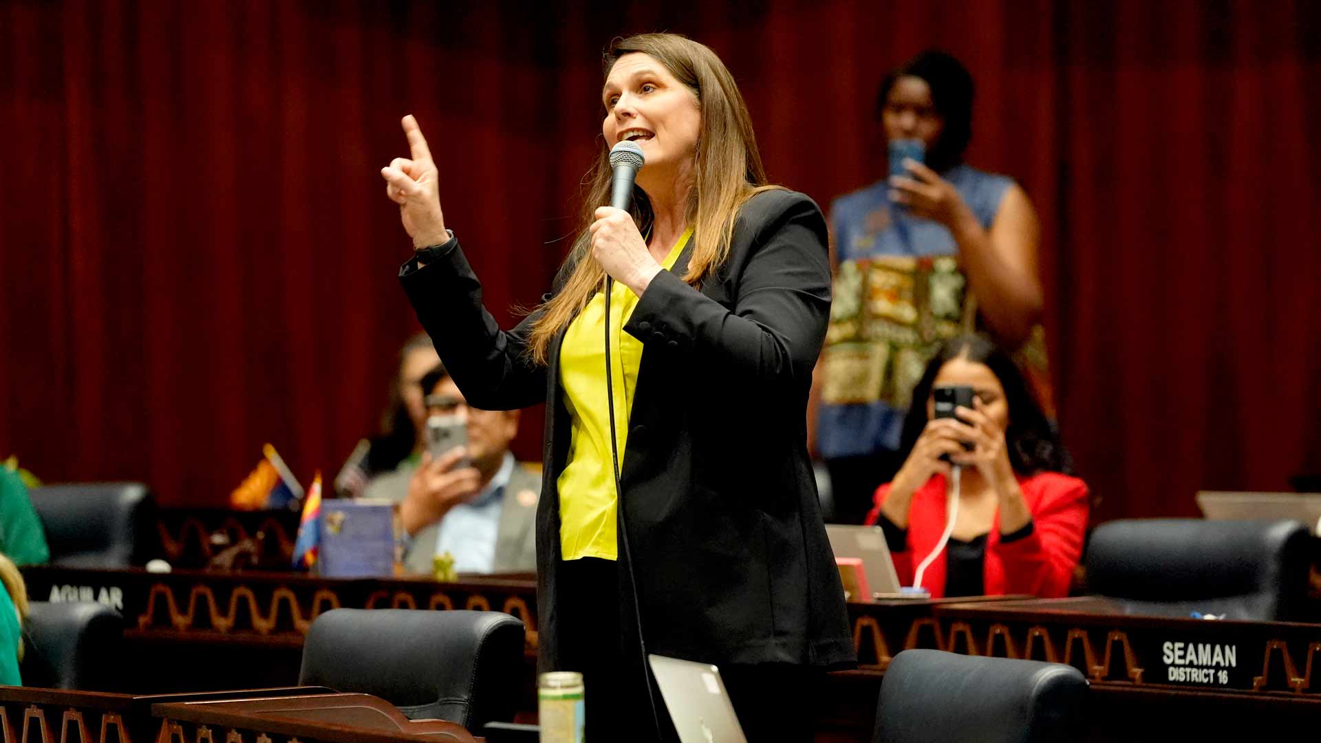 Arizona State Rep. Stephanie Stahl Hamliton, D, speaks on floor at the Capitol, Wednesday, April 10, 2024, in Phoenix. The Arizona Supreme Court ruled Tuesday that the state can enforce its long-dormant law criminalizing all abortions except when a mother's life is at stake.
