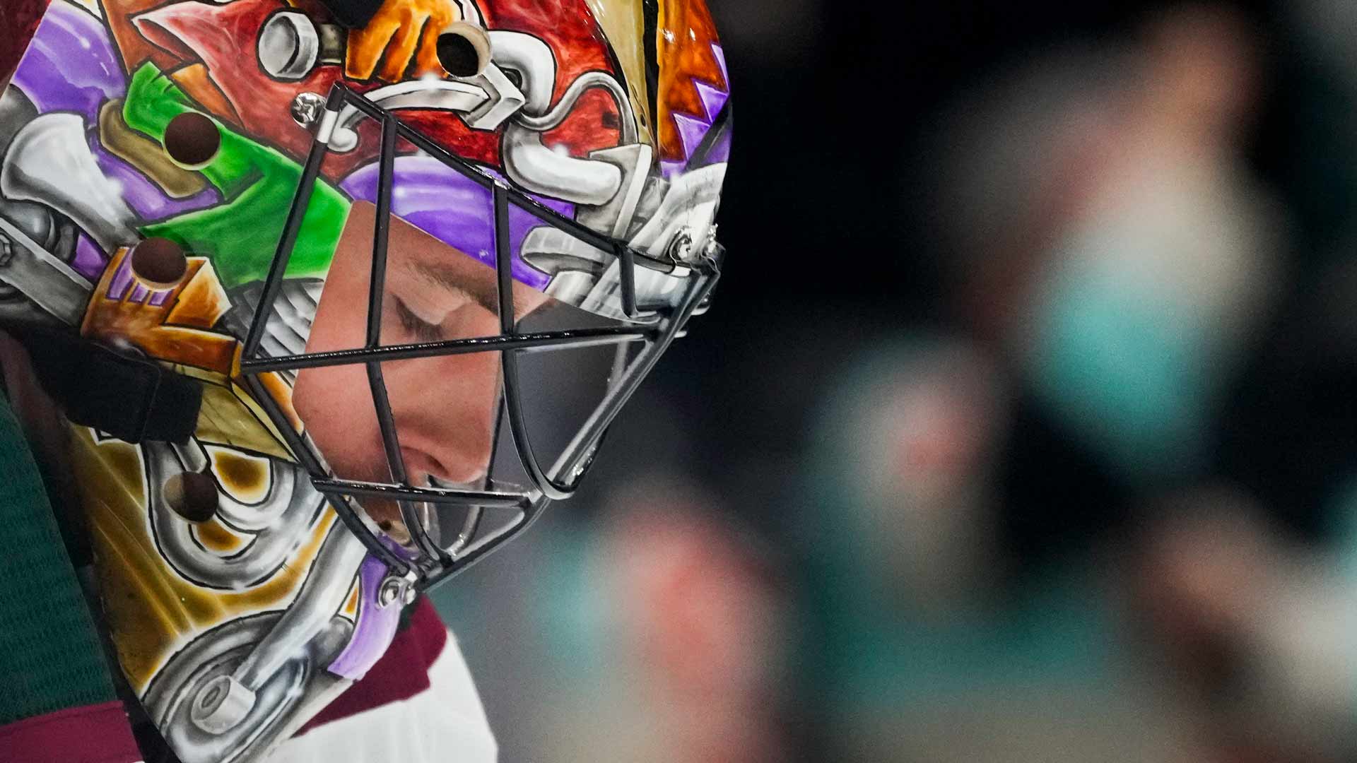 Arizona Coyotes goaltender Karel Vejmelka looks down during the third period of the team's NHL hockey game against the Seattle Kraken, Tuesday, April 9, 2024, in Seattle.