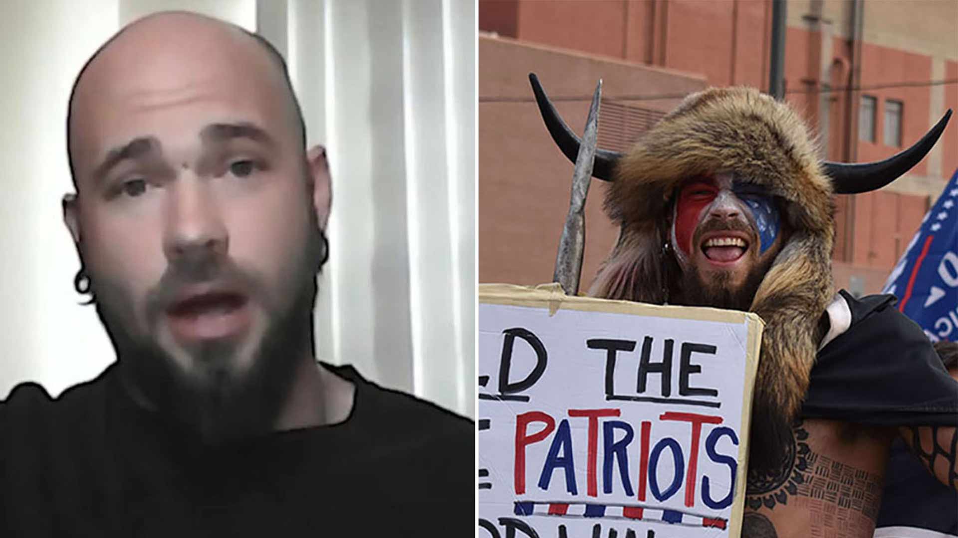 Jacob Angeli-Chansley, left, said last year he planned to run as a Libertarian for Arizona’s 8th Congressional District seat this fall, but he failed to turn in the signatures needed to make the ballot. Angeli-Chansley is best known at the QAnon Shaman, right in 2020, who became the face of the Jan. 6 attack on the Capitol.
