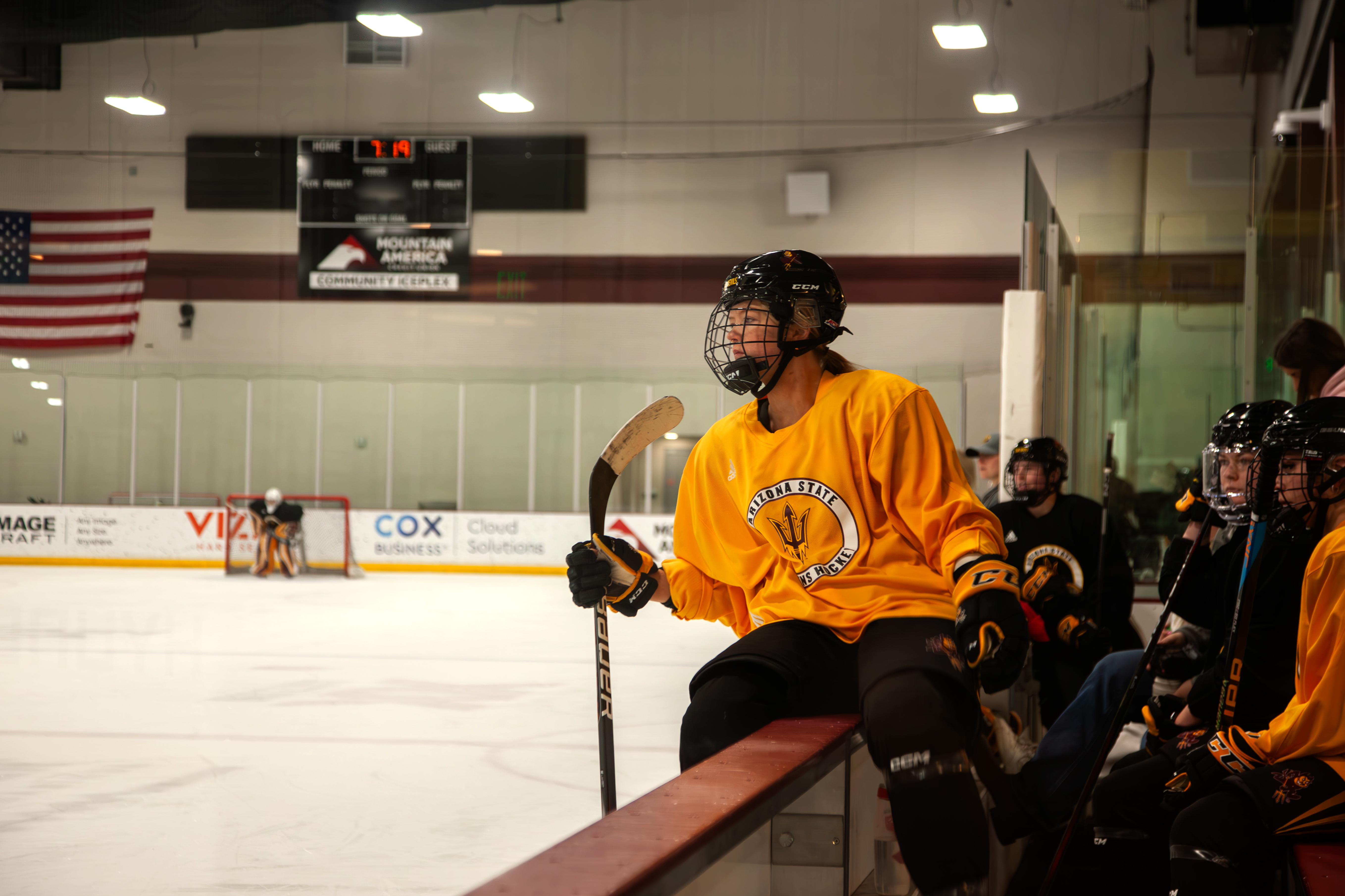 An Arizona State University hockey player is about to get on the ice at the Mountain America Community Iceplex on Wed., Feb. 21, 2024 in Tempe, AZ.
