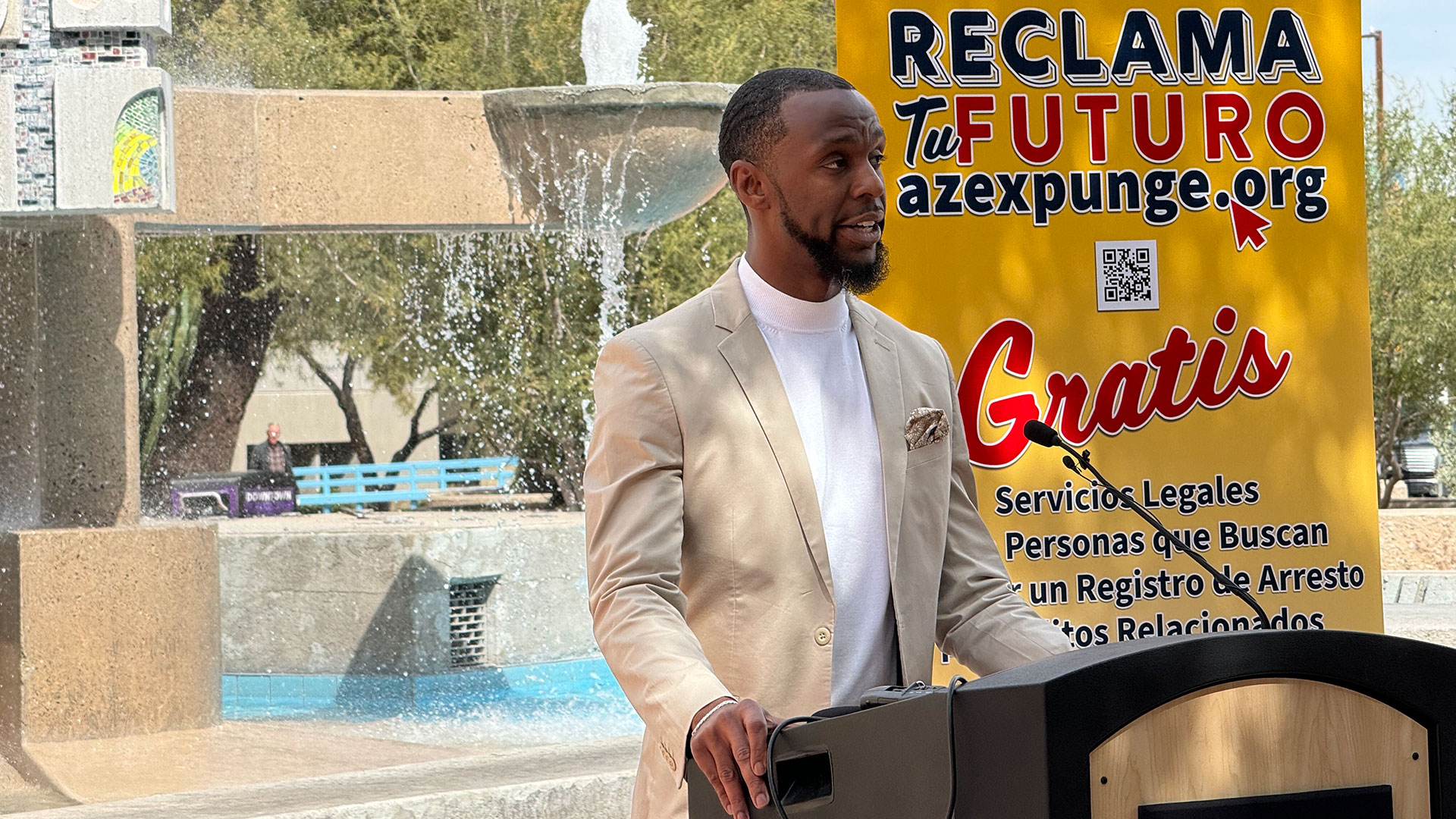 Martin Hutchins, an attorney with Reclaim Your Future legal coalition, speaks at a marijuana expungement event in Tucson, Ariz., on Thursday, April 18 2024. 