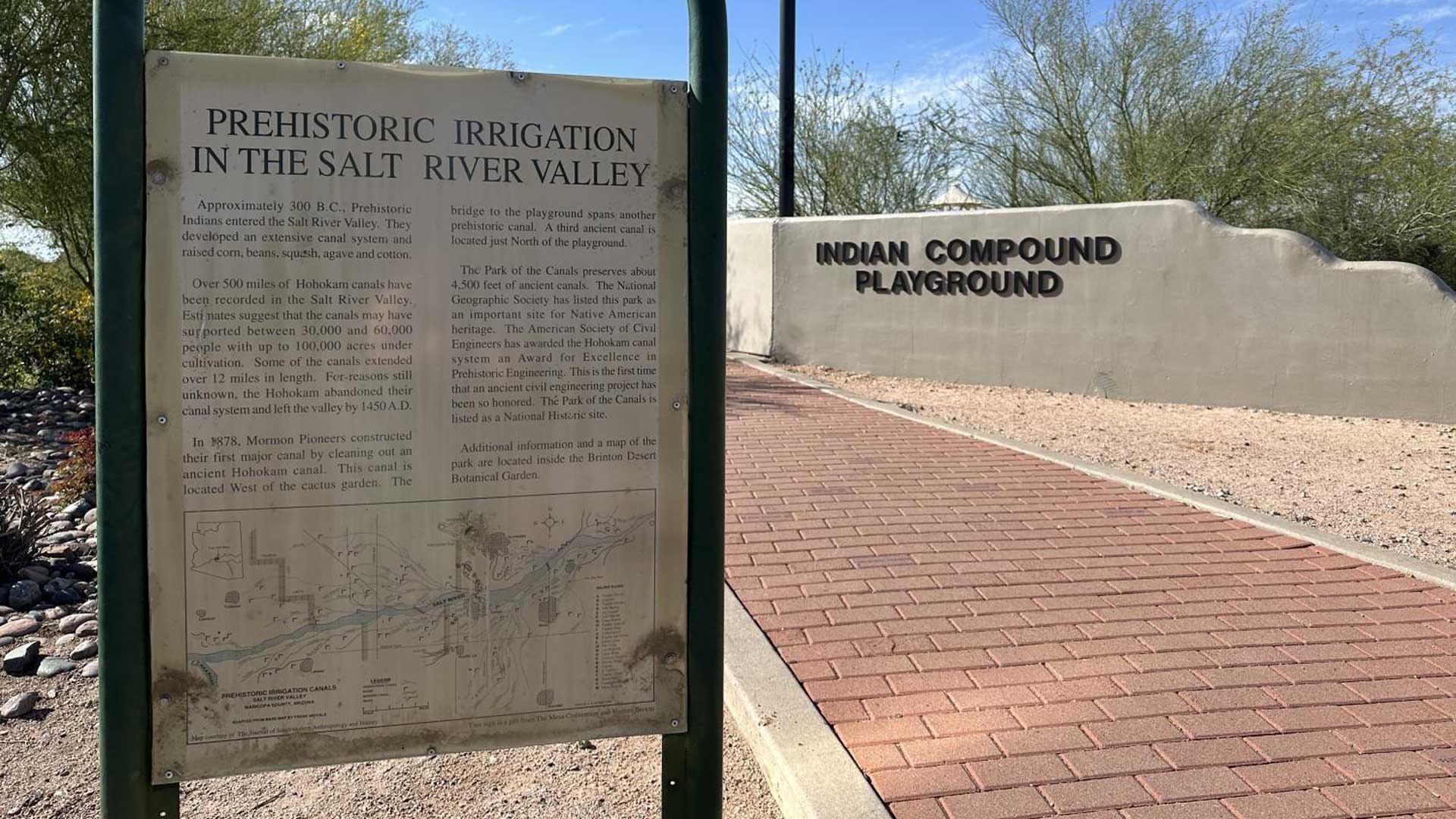 A marker at the Park of the Canals in Mesa shows a map of the ancient canal system dug by the ancestral Sonoran Desert people.