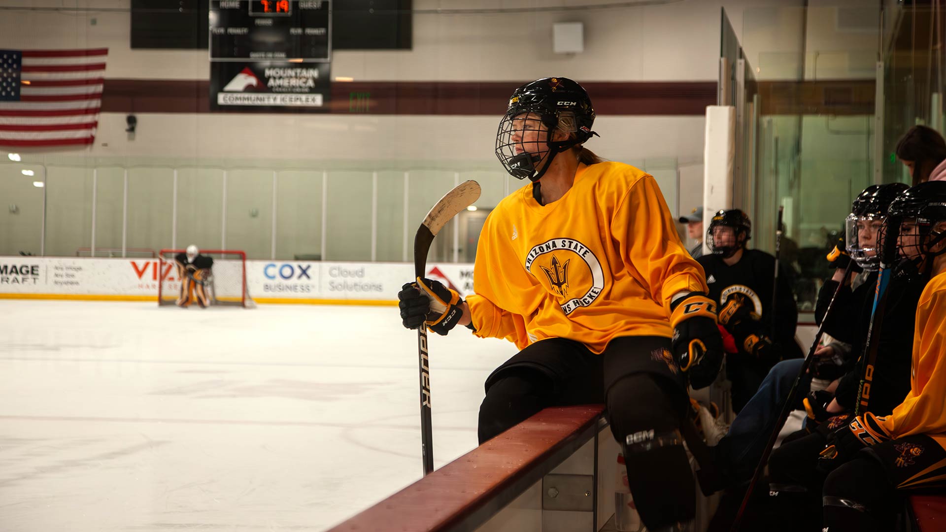An Arizona State University hockey player is about to get on the ice at the Mountain America Community Iceplex on Wed., Feb. 21, 2024 in Tempe, AZ.