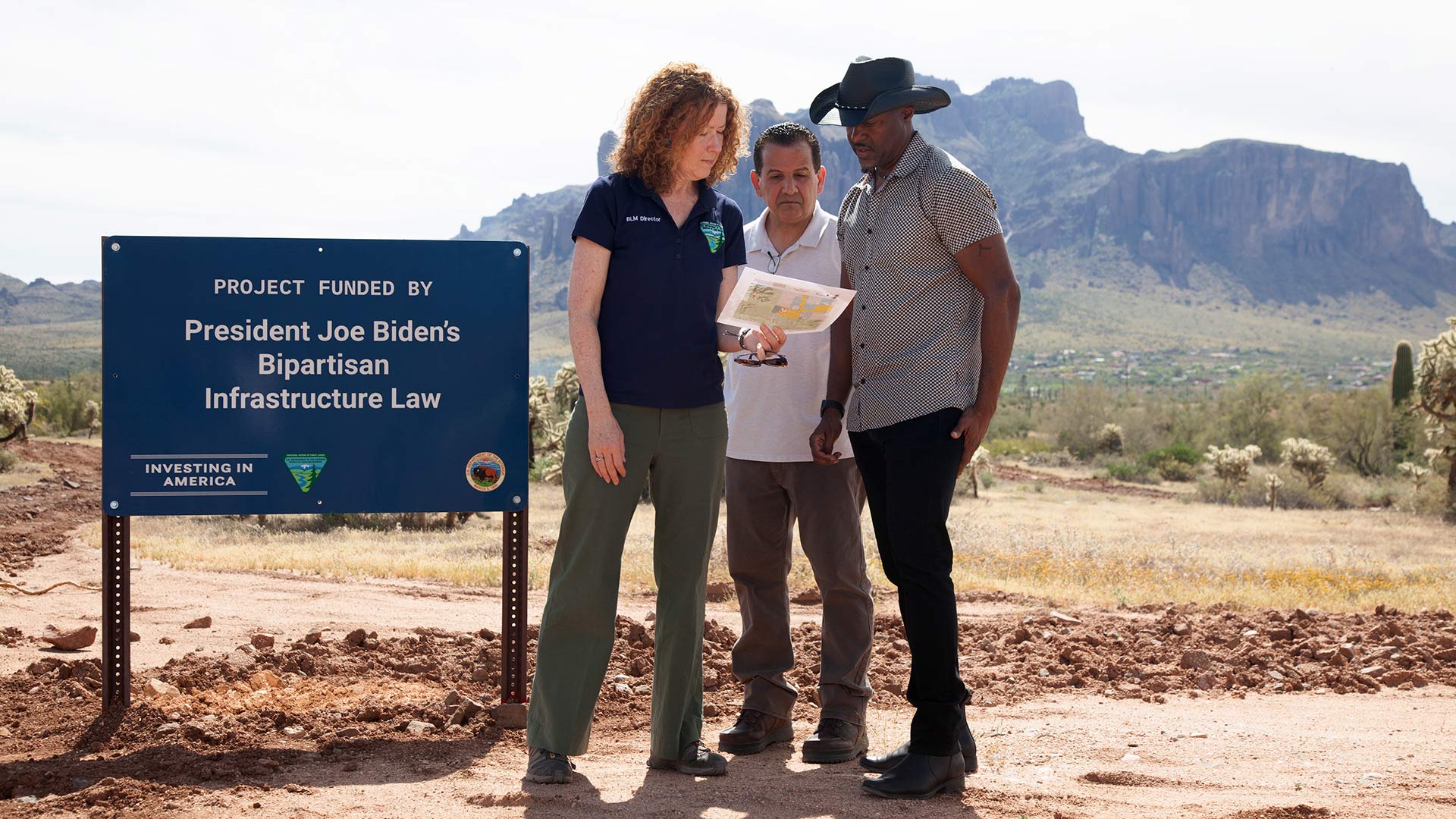 Tracy Stone-Manning, director of the Bureau of Land Management, Ray Suazo, BLM Arizona State Director and Leon Thomas, district manager of the BLM Phoenix district office at the the Goldfield Recreation Area on Wednesday, April 24, 2024. 