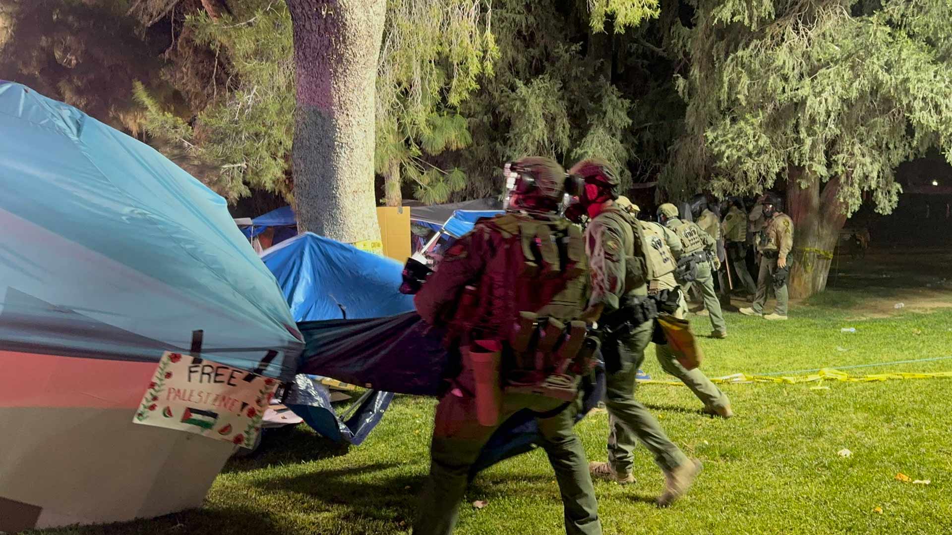 Law enforcement officers stormed a pro-Palestine encampment on the University of Arizona campus around 2:00 a.m. on May 1, 2024.