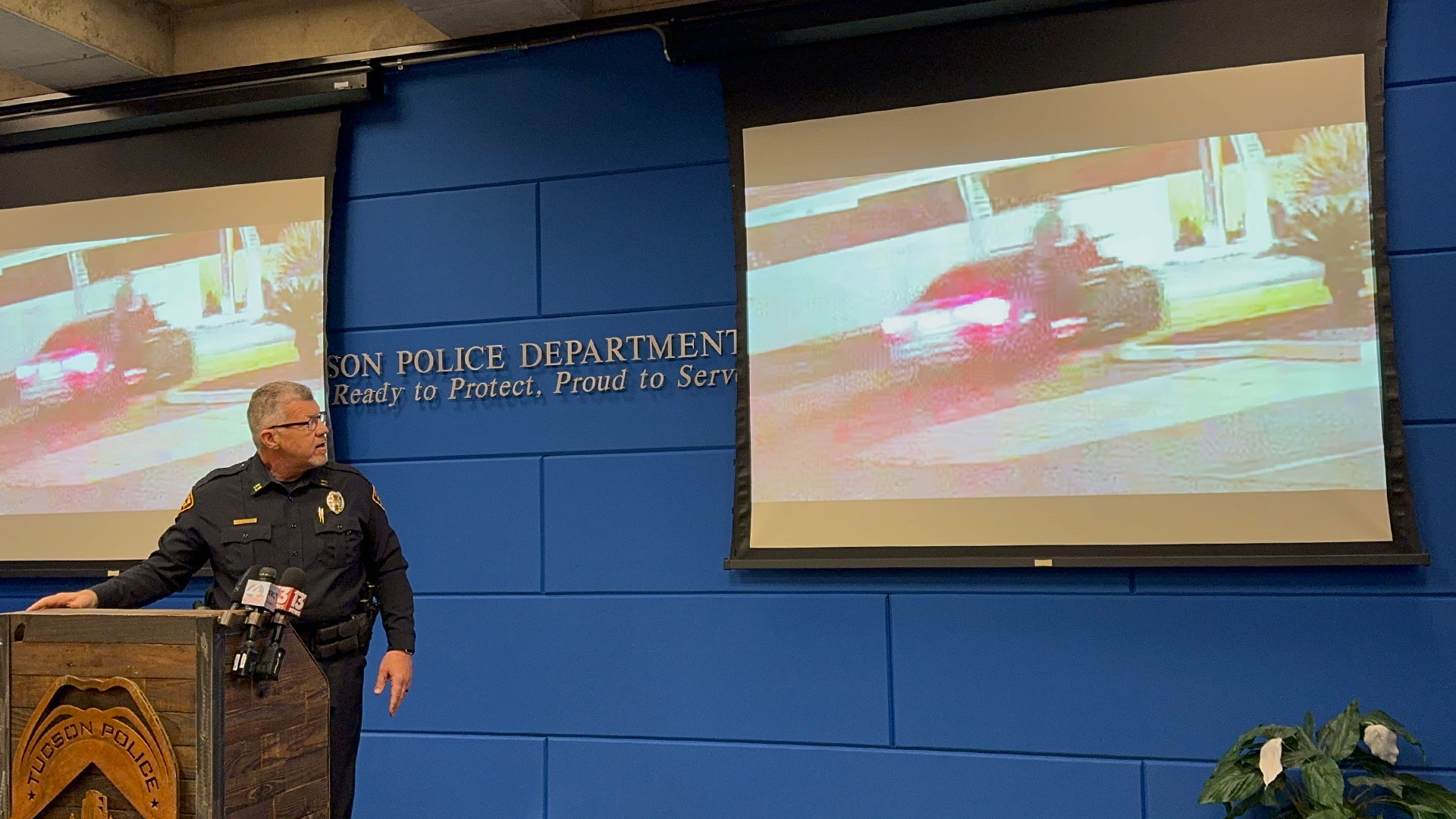 Chief Doug Foster of Tucson Police Department’s Central Investigation Division shares nearby surveillance footage from an April 28 shooting at an off-campus party that killed 20 year-old University of Arizona student Erin Jones on Tuesday, May 14, 2024. Police need help identifying the individuals in the sedan.  