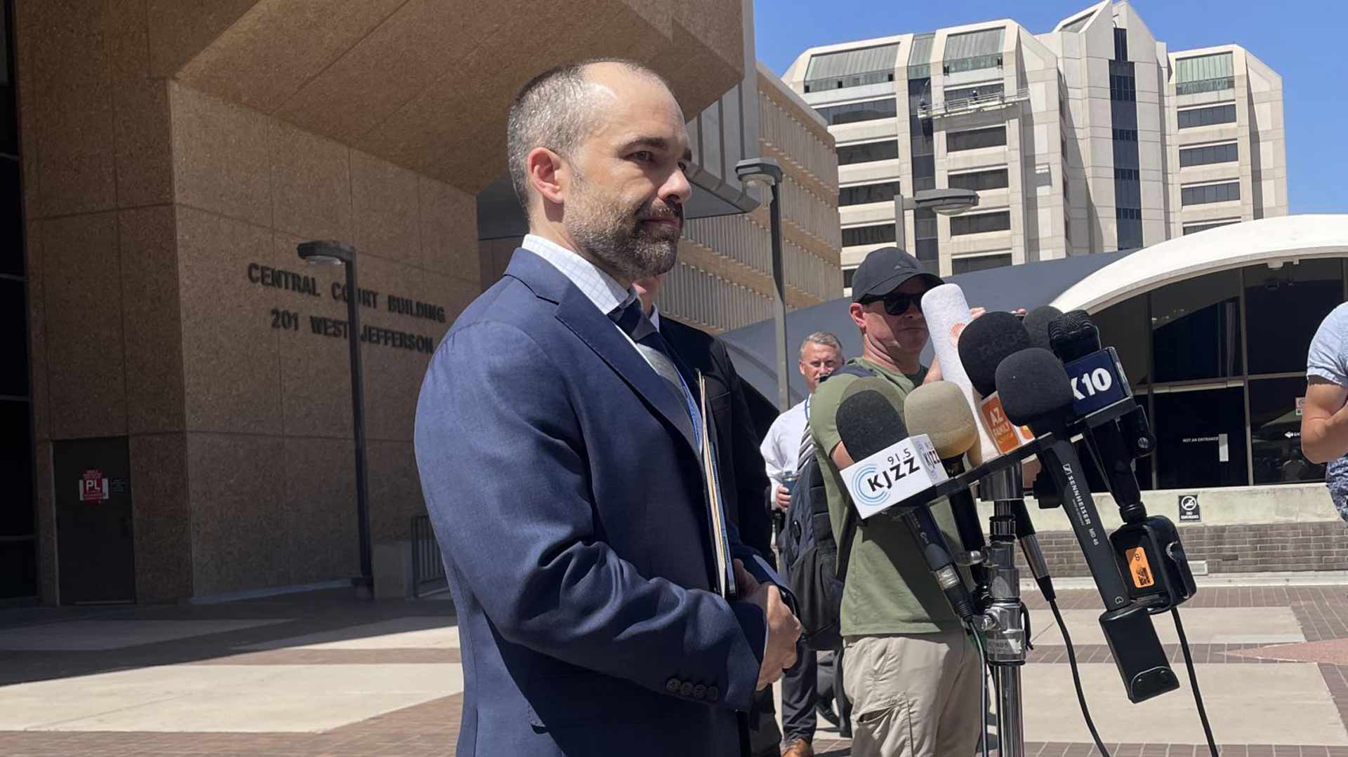 Nicholas Klingerman, a prosecutor with the Arizona Attorney General’s Office, speaks to the media on May 21, 2024.