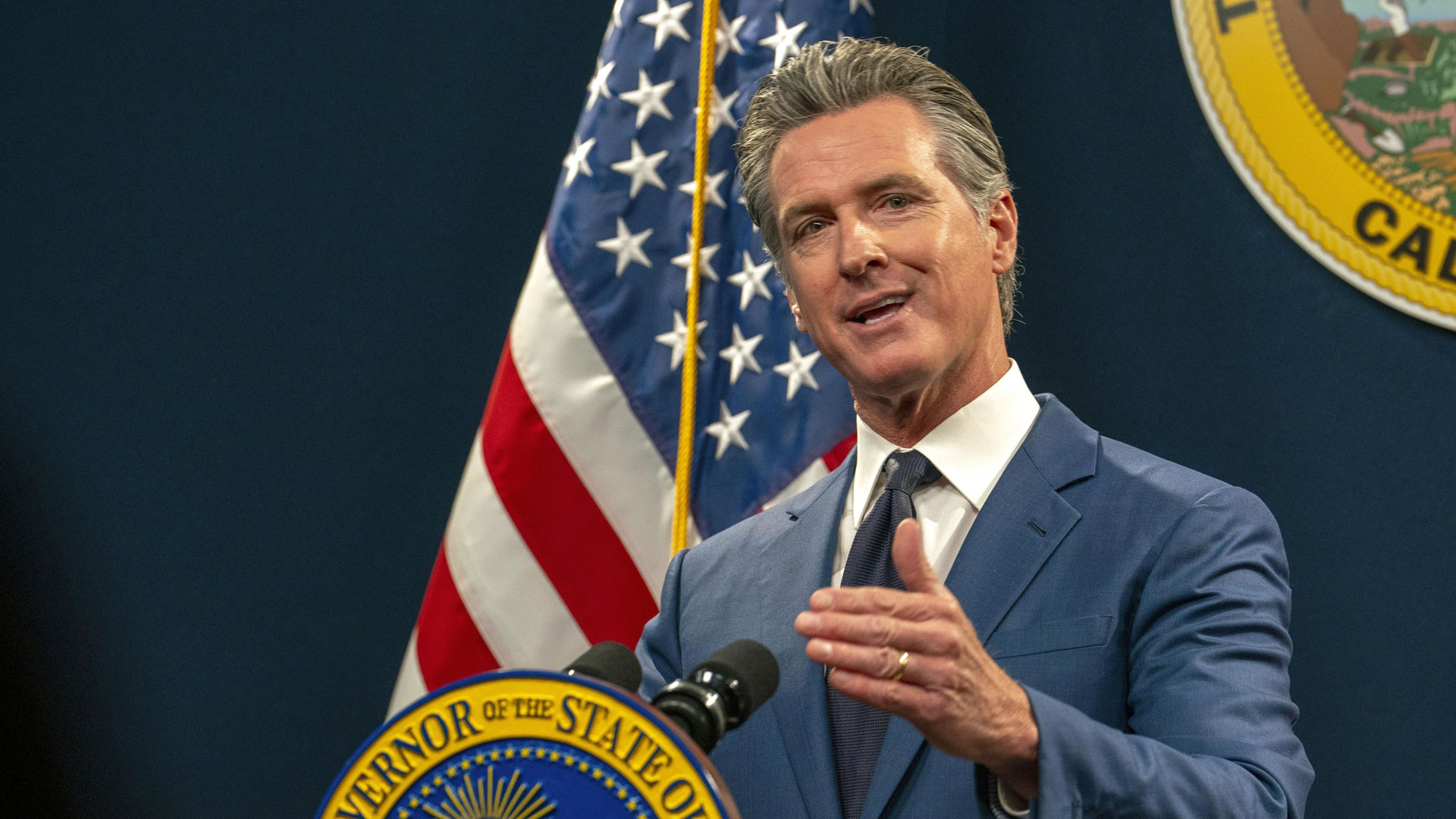 California Gov. Gavin Newsom speaks during a news conference in Sacramento, California, on May 10, 2024. Newsom signed a law on Thursday, May 23, 2024, temporarily allowing Arizona doctors come to California to perform abortions.