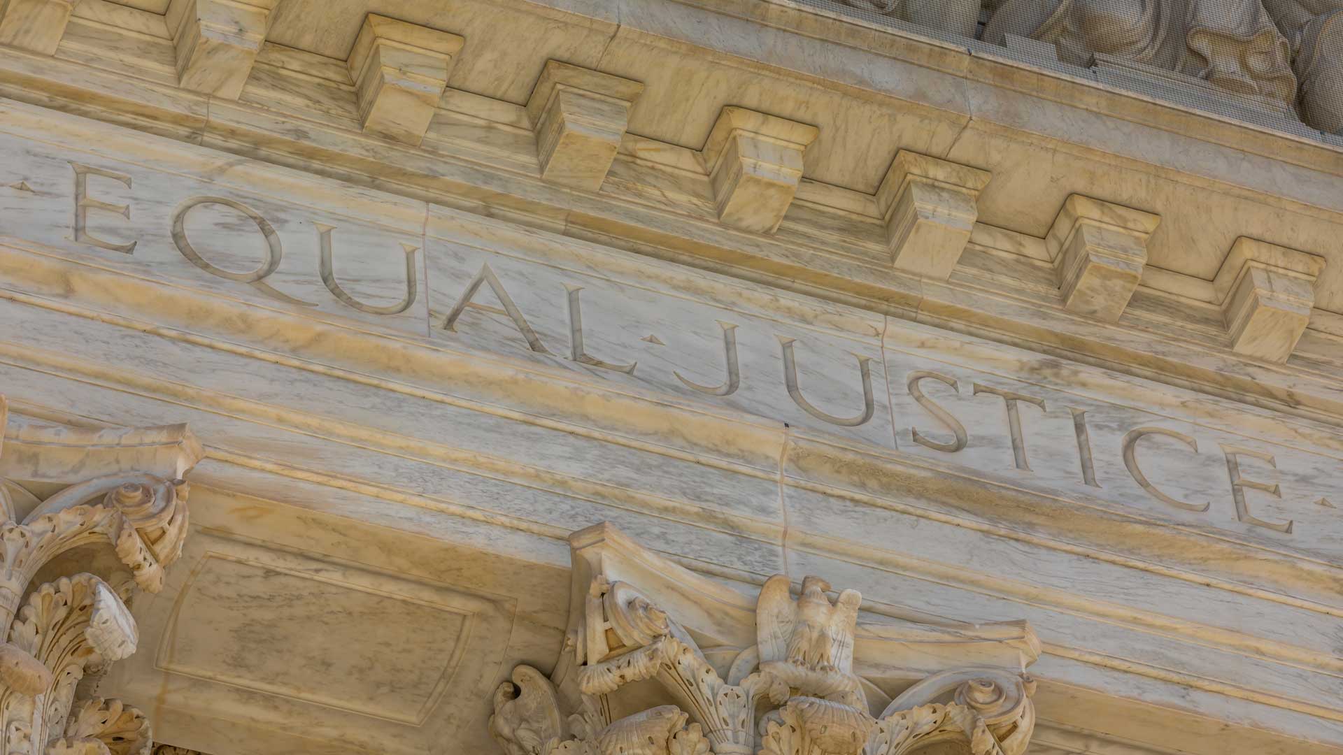 Close-up of "Equal Justice" at the Facade of the United States Supreme Court Building
