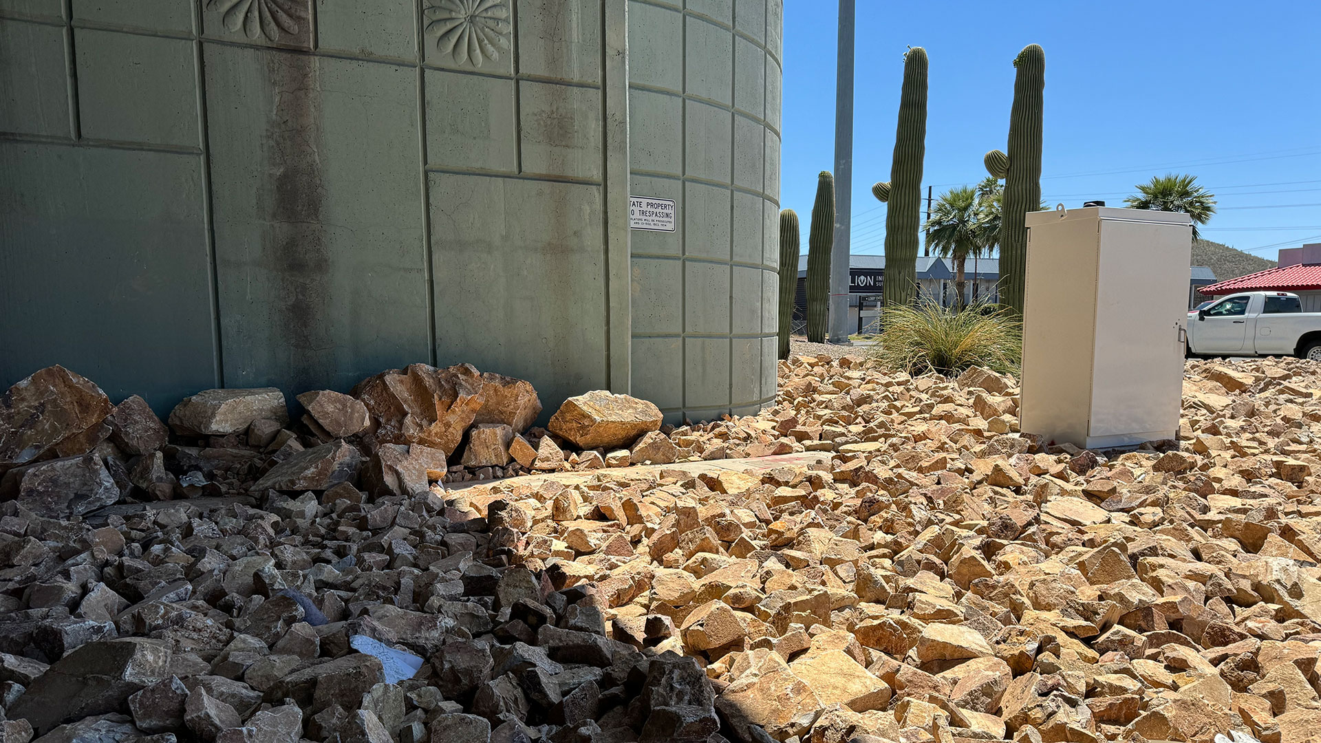 Rocks placed in the underpass on the intersection of Congress St. and I-10 in Tucson, Ariz., on Tuesday, May 7, 2024. 