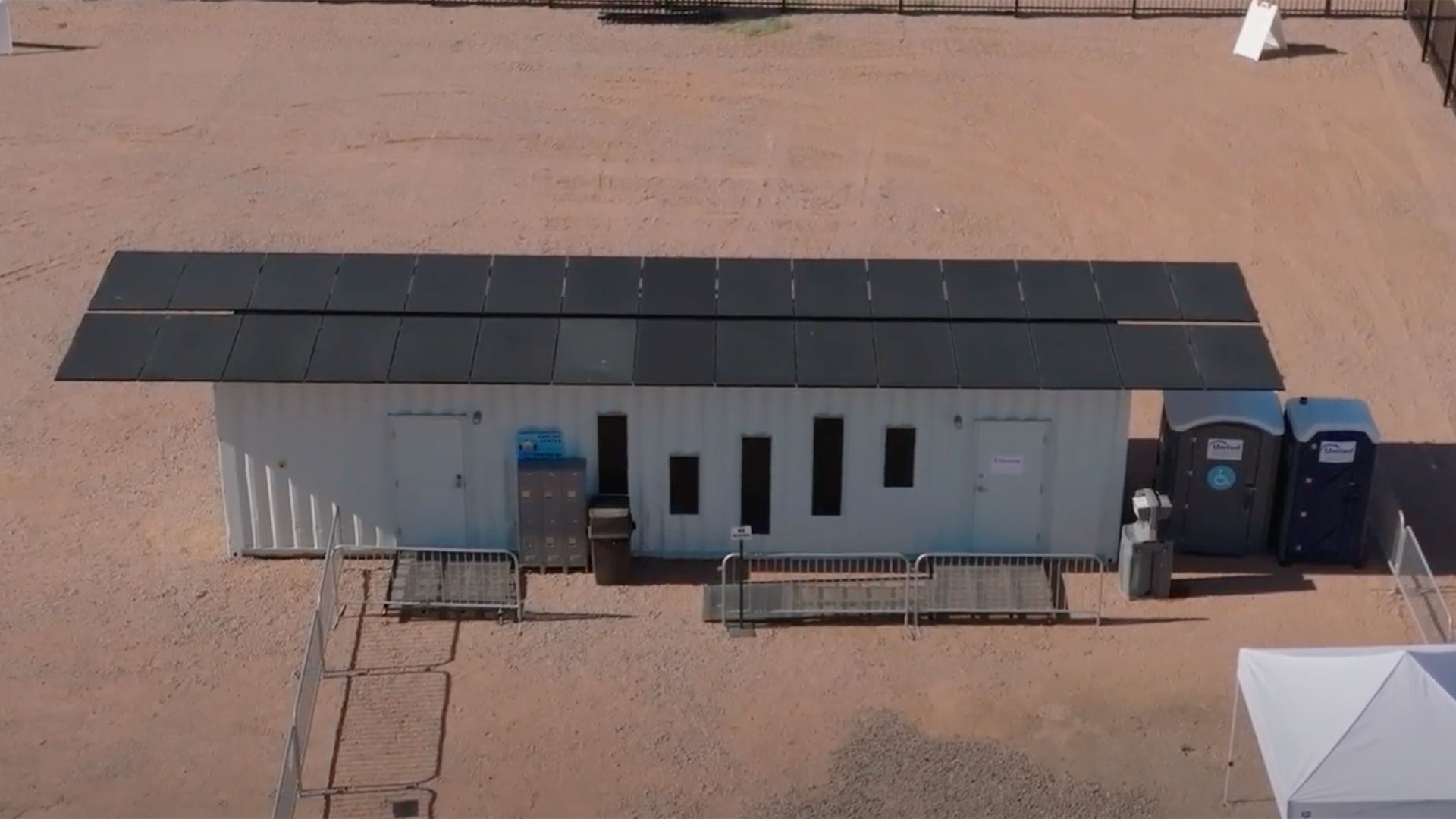 A shipping container repurposed as a cooling center for unhoused individuals in Phoenix, Ariz. 