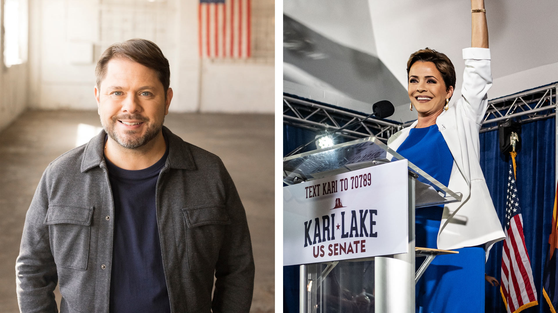 U.S. Representative Ruben Gallego (D) (left) and challenger Kari Lake (R) (right) are the running for United States Senate in Arizona.