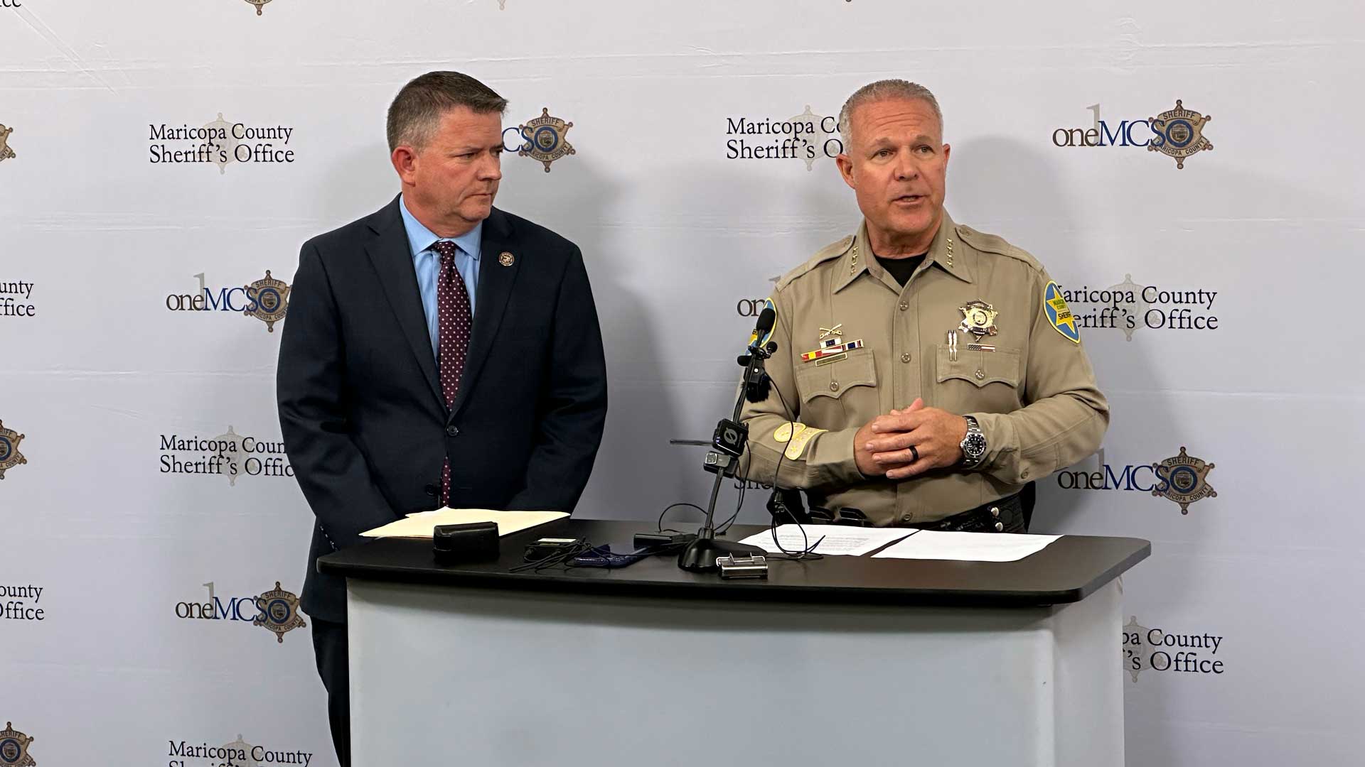 Maricopa County Supervisor Bill Gates, left, and Sheriff Russ Skinner speak Tuesday, June 25, 2024, during a news conference about a tabulator security fob theft from the elections office in Phoenix. Authorities are investigating whether a 27-year-old temporary election worker had political motivations when he stole a fob that allows access to vote tabulators in Arizona's largest county.