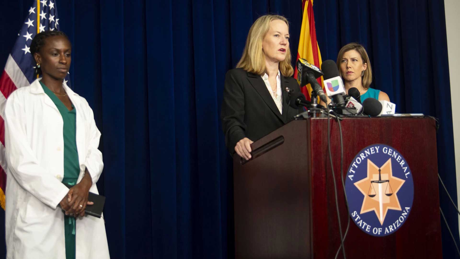 Arizona Attorney General Kris Mayes speaks about legal exceptions to the state's 15-week abortion law at her office in Phoenix on June 27, 2024.