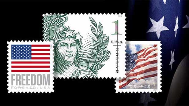 A variety of "forever" stamps available from the US Postal Service as of July 2024. 