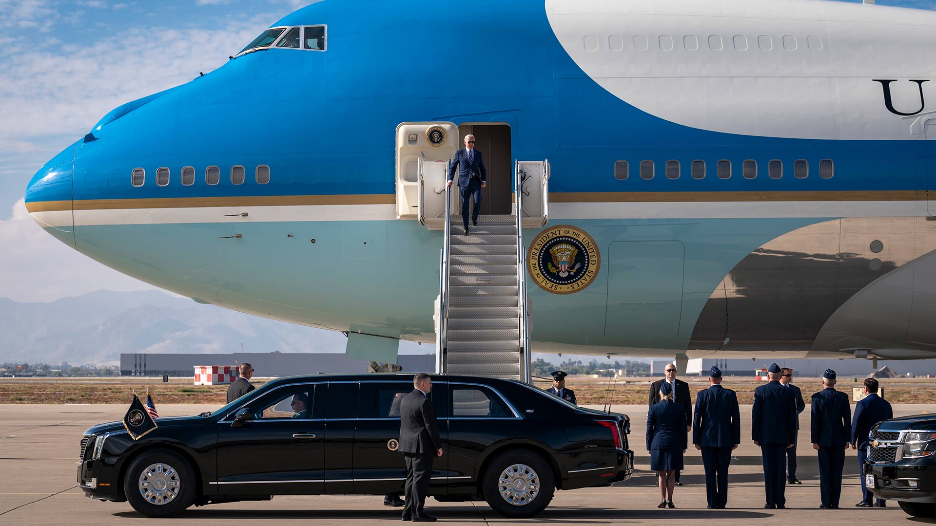 President Joseph R. Biden disembarks Air Force One at Luke Air Force Base, Arizona, Dec. 6, 2022. Members of the 56th Fighter Wing supported President Biden’s visit to Arizona, where he toured a newly constructed semiconductor manufacturing facility. 