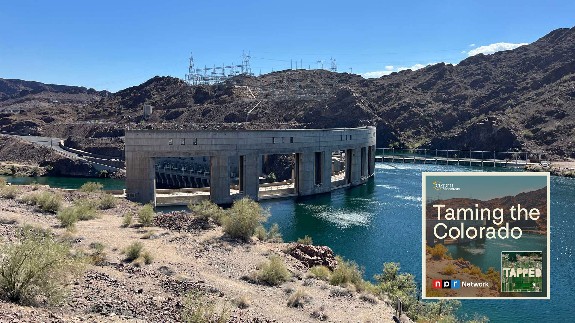 The Parker Dam in Arizona looking towards California. The electric transmission lines from the dam are all on the California side and provide power to the Golden State. The construction of the dam formed Lake Havasu. 