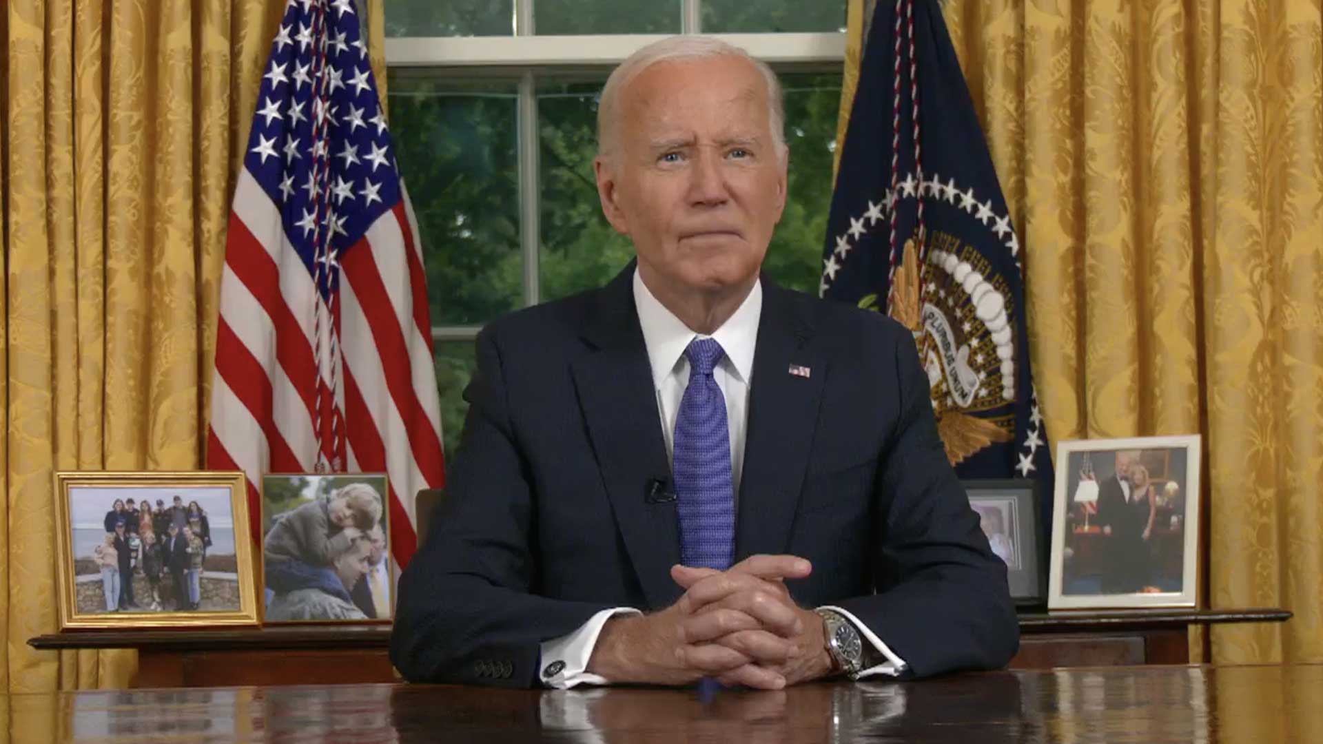 President Biden speaks during an address to the nation from the White House Oval Office about his decision to not seek reelection, July 24, 2024.