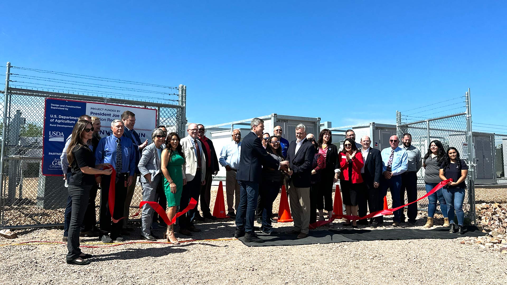 U.S. Department of Agriculture’s Rural Development administrator Andy Berke and Patrick Ledger, Arizona Generation and Transmission Cooperatives’ CEO, cut the ribbon to a new battery energy storage system in Sahuarita, AZ on Tuesday, July 2, 2024.