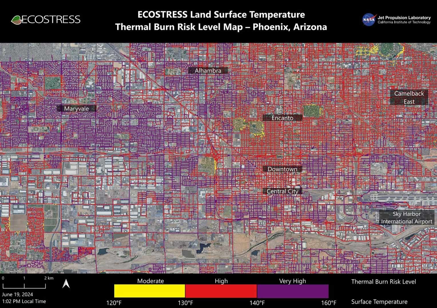 NASA’s ECOSTRESS instrument on June 19, 2024, recorded scorching roads and sidewalks across Phoenix where contact with skin could cause serious burns in minutes to seconds, as indicated in the legend.