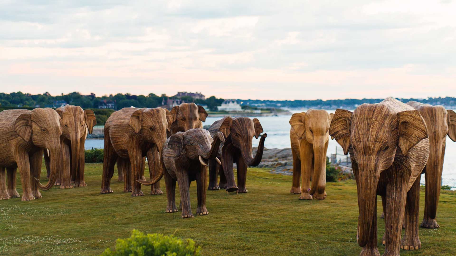 June 24, 2024: 100 life-size elephant sculptures made by artisans in Tamil Nadu, India, arrive in Newport, R.I., via the Port of New York — the first stop on a year-long, cross-country journey. The elephants on display in Newport, R.I.