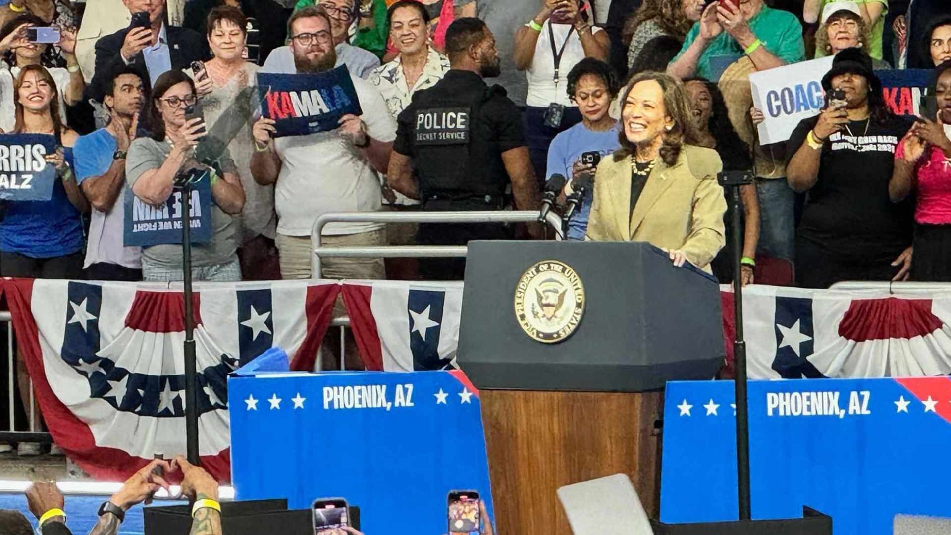 Vice President Kamala Harris speaks to a crowd of 15,000 at Desert Diamond Arena in Glendale on Aug. 9. 2024.