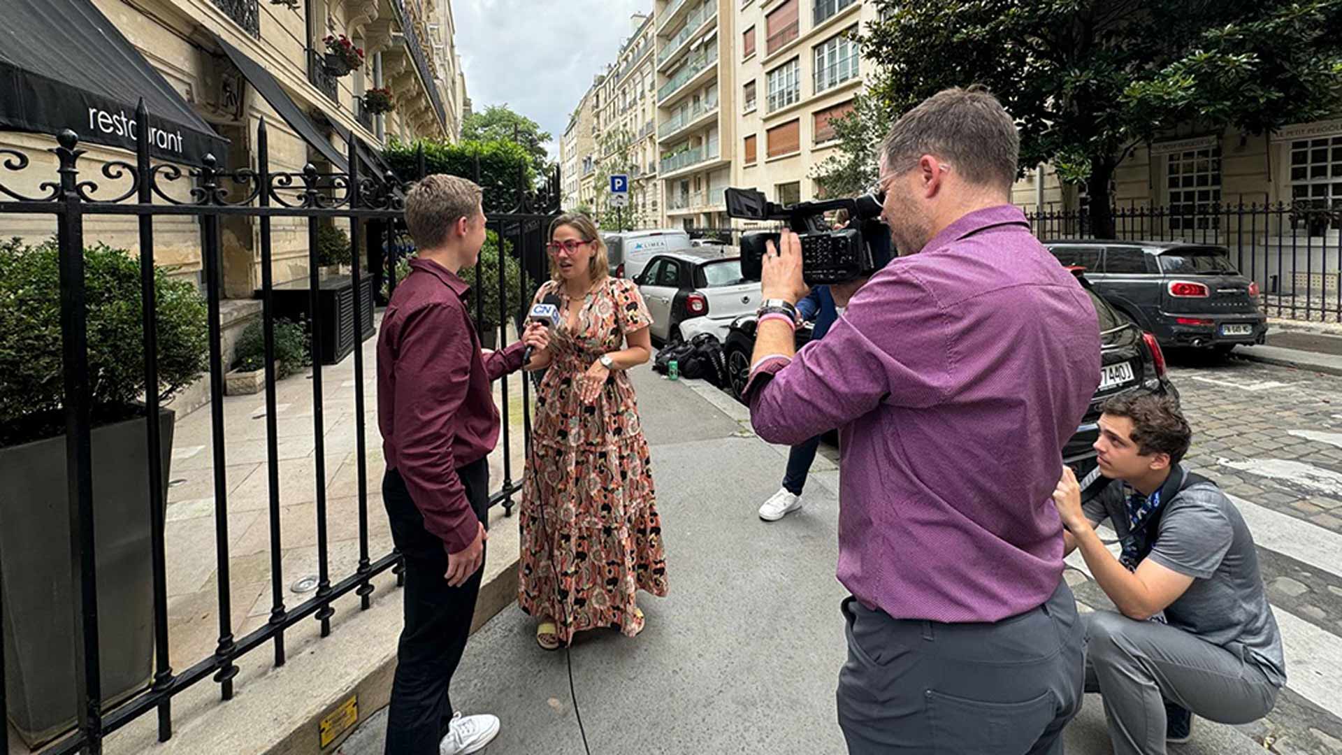 Arizona Sen. Krysten Sinema meets with media Friday in Paris, where she will run in the “Marathon Pour Tous” (the Marathon for Everyone) on Saturday on the same course on which the athletes compete. 