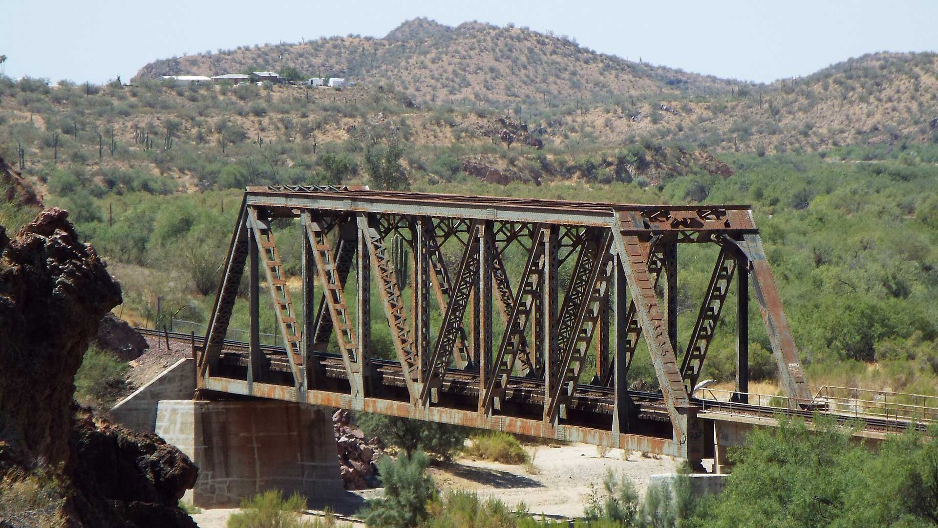 Pratt truss BNSF Railroad Bridge, built in 1930, across the Hassayampa River in Wickenburg, Az.