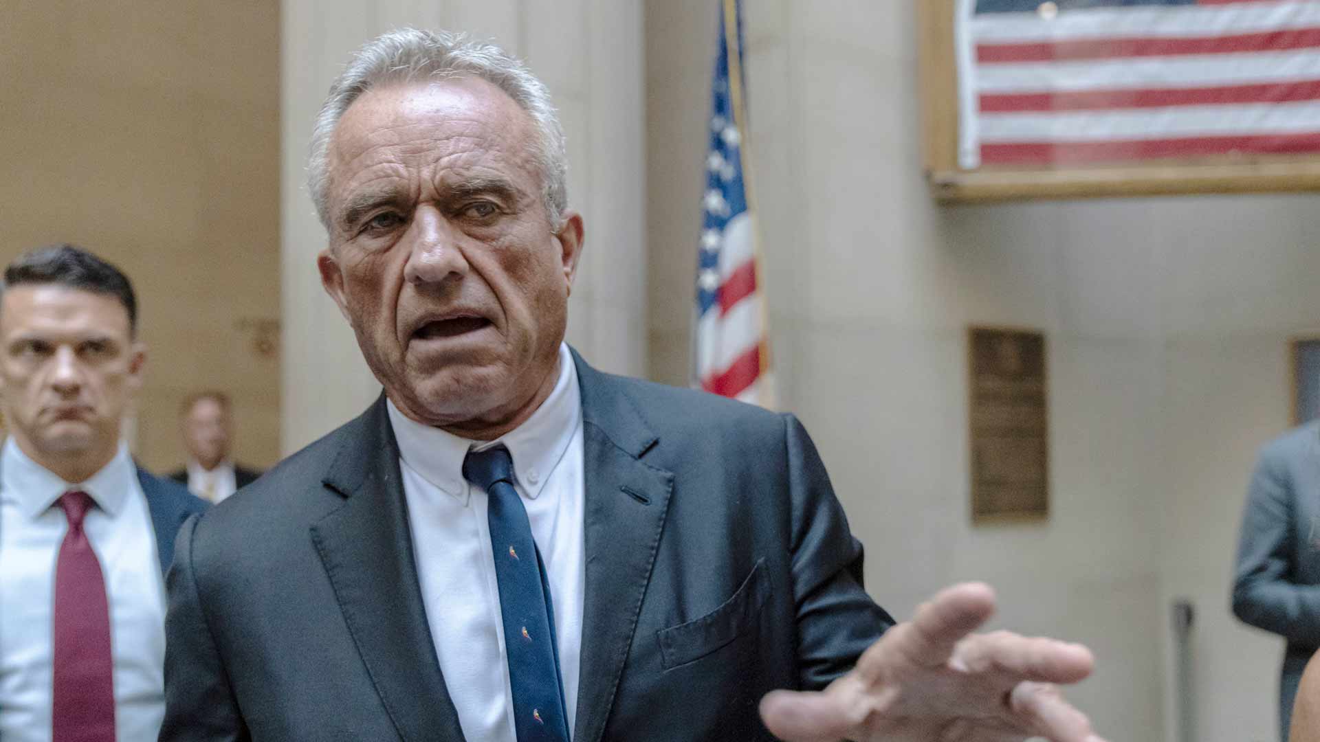 Independent Presidential candidate Robert F. Kennedy Jr. speaks to reporters at the Nassau County Supreme Court in Mineola, N.Y. on Wednesday, Aug. 21, 2024. 