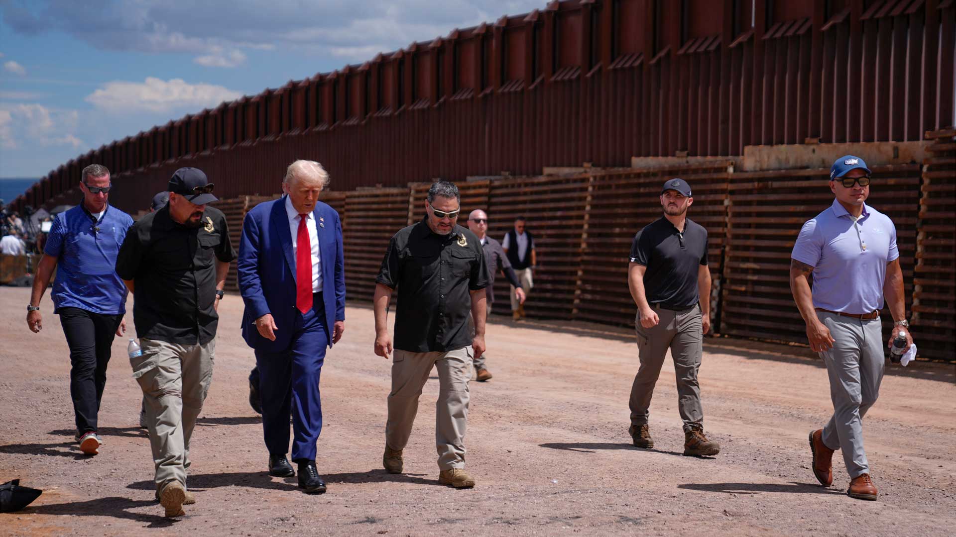 Republican presidential nominee former President Donald Trump tours the southern border with Mexico, Thursday, Aug. 22, 2024, in Sierra Vista, Ariz. 