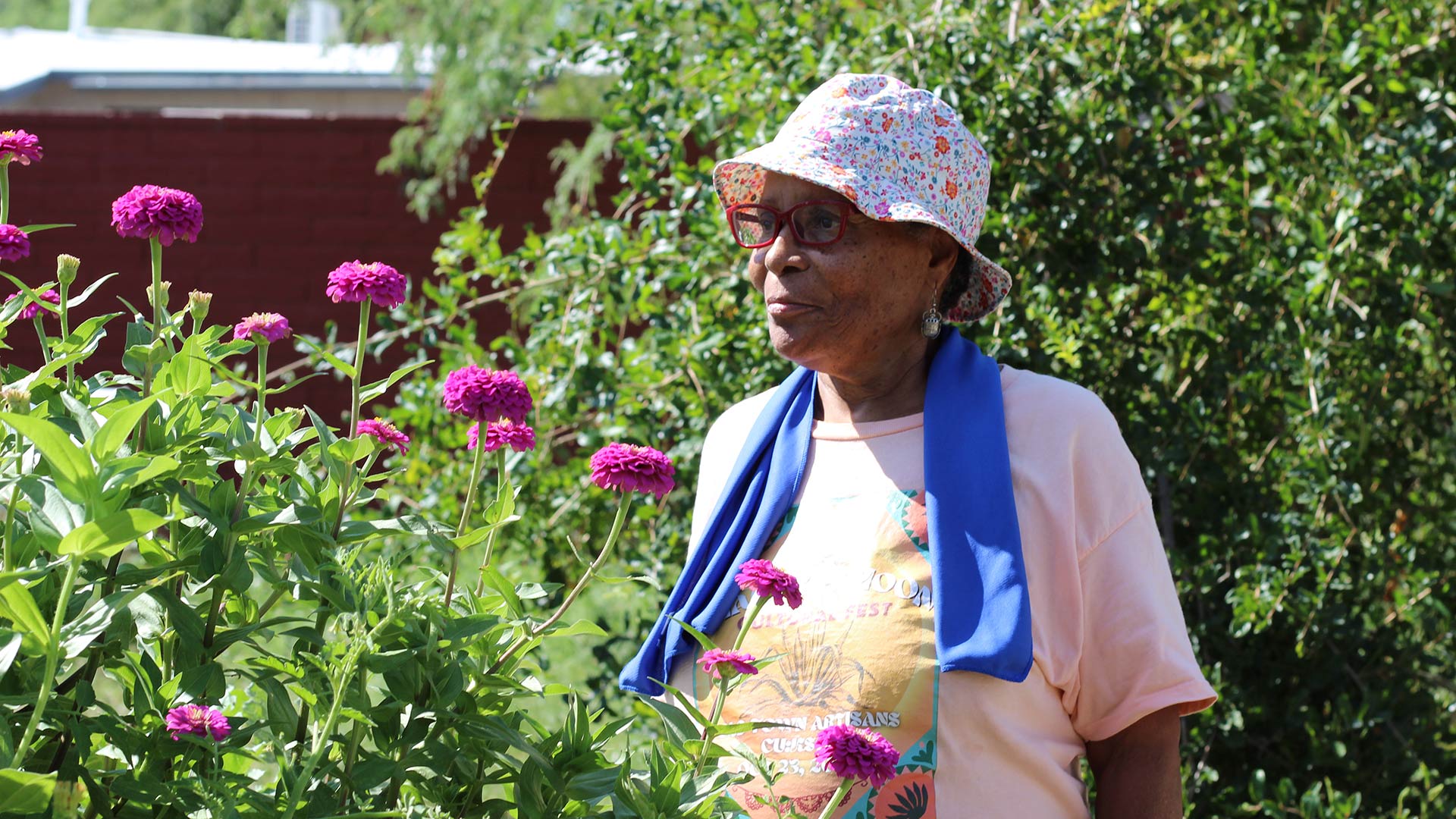 Stephanie Daniel, Menlo Park neighborhood resident and community gardener who visits the park daily, Tuesday, Aug. 20, 2024, in Tucson, Ariz. 