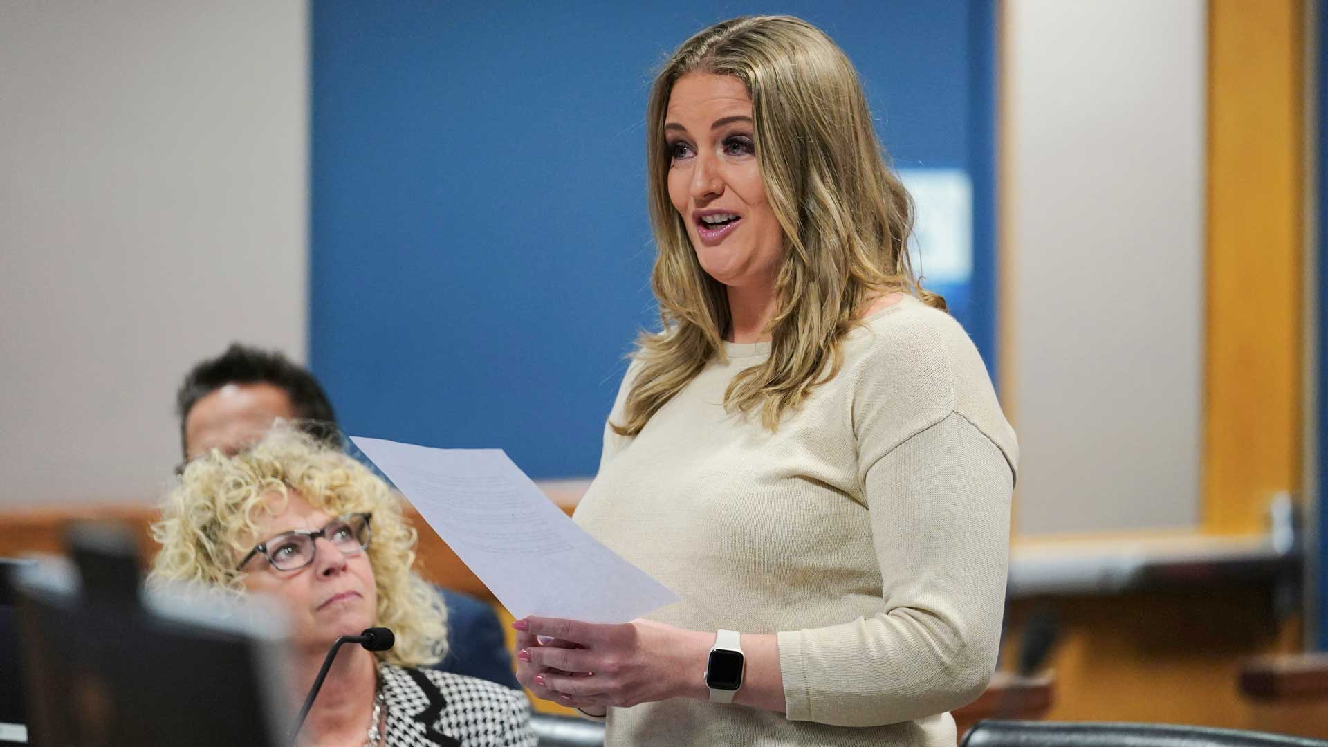 Jenna Ellis reads a statement inside Fulton Superior Court Judge Scott McAfee's Fulton County, Ga., courtroom, Oct. 24, 2023, in Atlanta. 