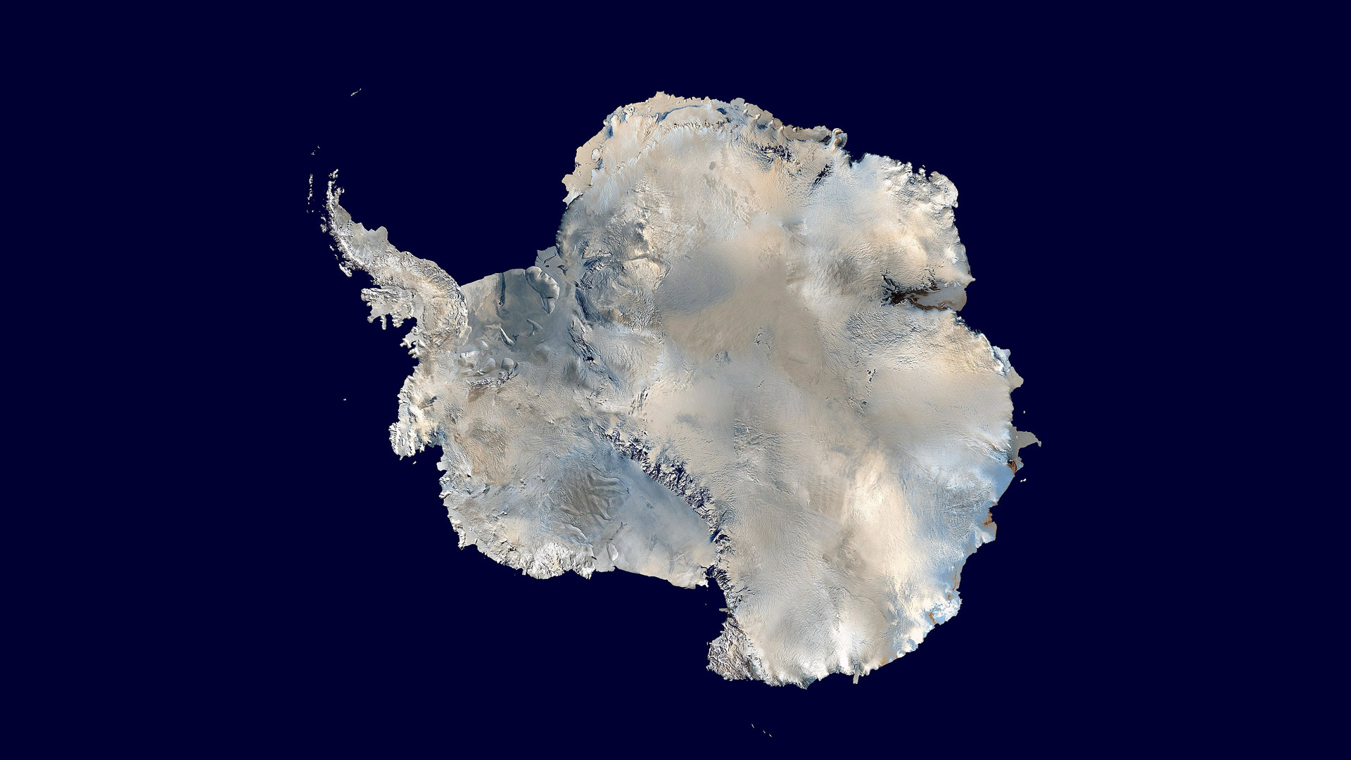 Antarctica. An orthographic projection of NASA's Blue Marble data set (1 km resolution global satellite composite). "MODIS observations of polar sea ice were combined with observations of Antarctica made by the National Oceanic and Atmospheric Administration’s AVHRR sensor—the Advanced Very High Resolution Radiometer." Image was generated using a custom C program for handling the Blue Marble files, with orthographic projection formulas from MathWorld.