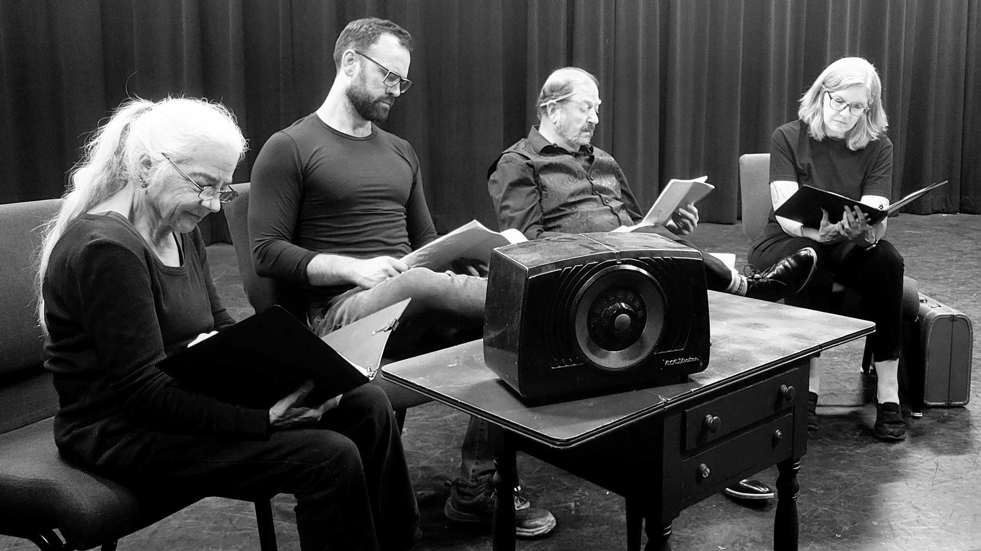 (L to R:) Carlisle Ellis, Max Wingert, Dennis O'Dell and Amy Selegue rehearsing "Sorry, Wrong Number" for The Late Night Radio Hour.