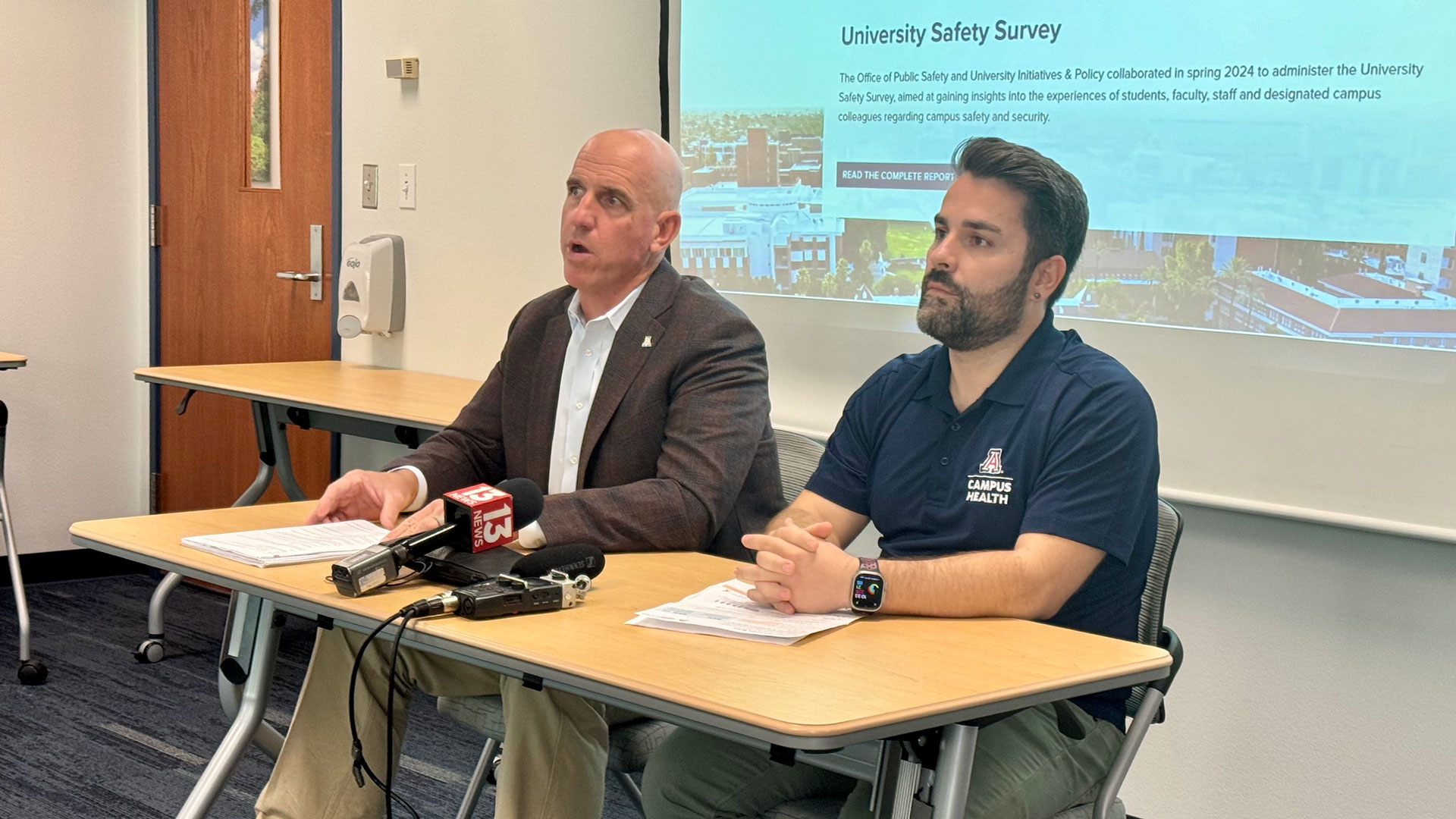 The University of Arizona's Chief Safety Officer Steve Patterson and Director of Counseling and Psych Services Aaron Barnes speak at a press briefing on Friday, Sept. 13, 2024. 