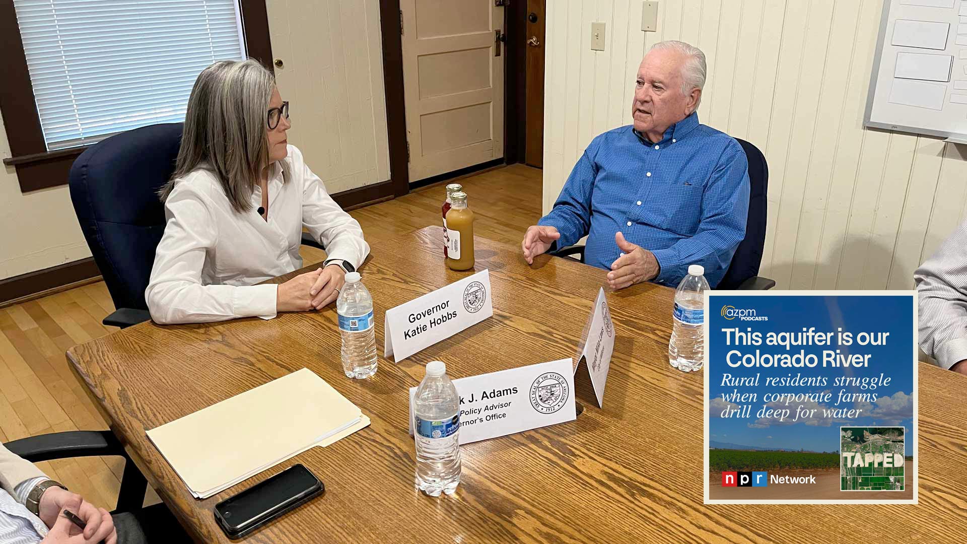 Governor Katie Hobbs discusses water issues with Willcox Mayor Mike Laws. September 5, 2024.