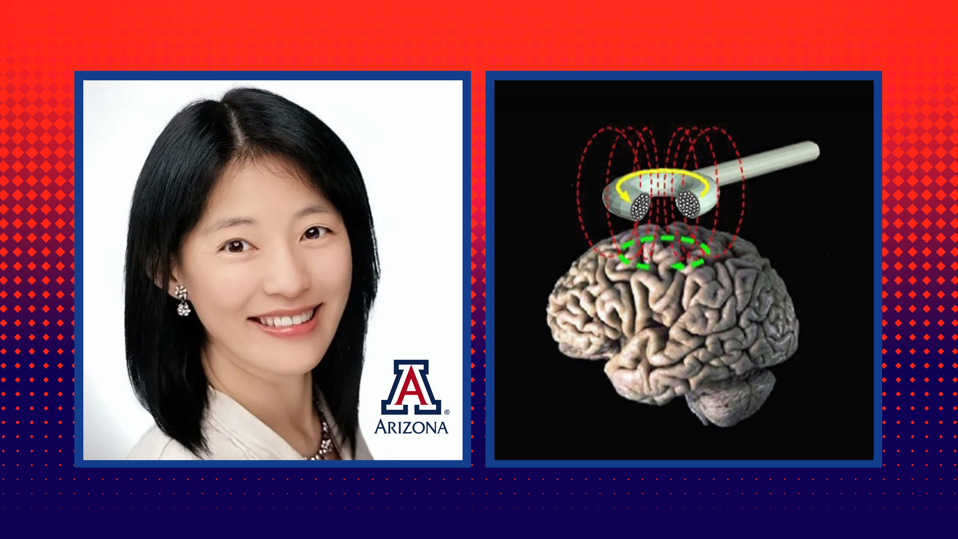 LEFT: Ying-hui Chou, Associate Professor, Cognition & Neural Systems, Director, Brain Imaging and Transcranial Magnetic Stimulation (TMS) Laboratory<br/>RIGHT: Transcranial magnetic stimulation is a noninvasive means of getting electrical energy across the insulating tissues of the head and into the brain.
