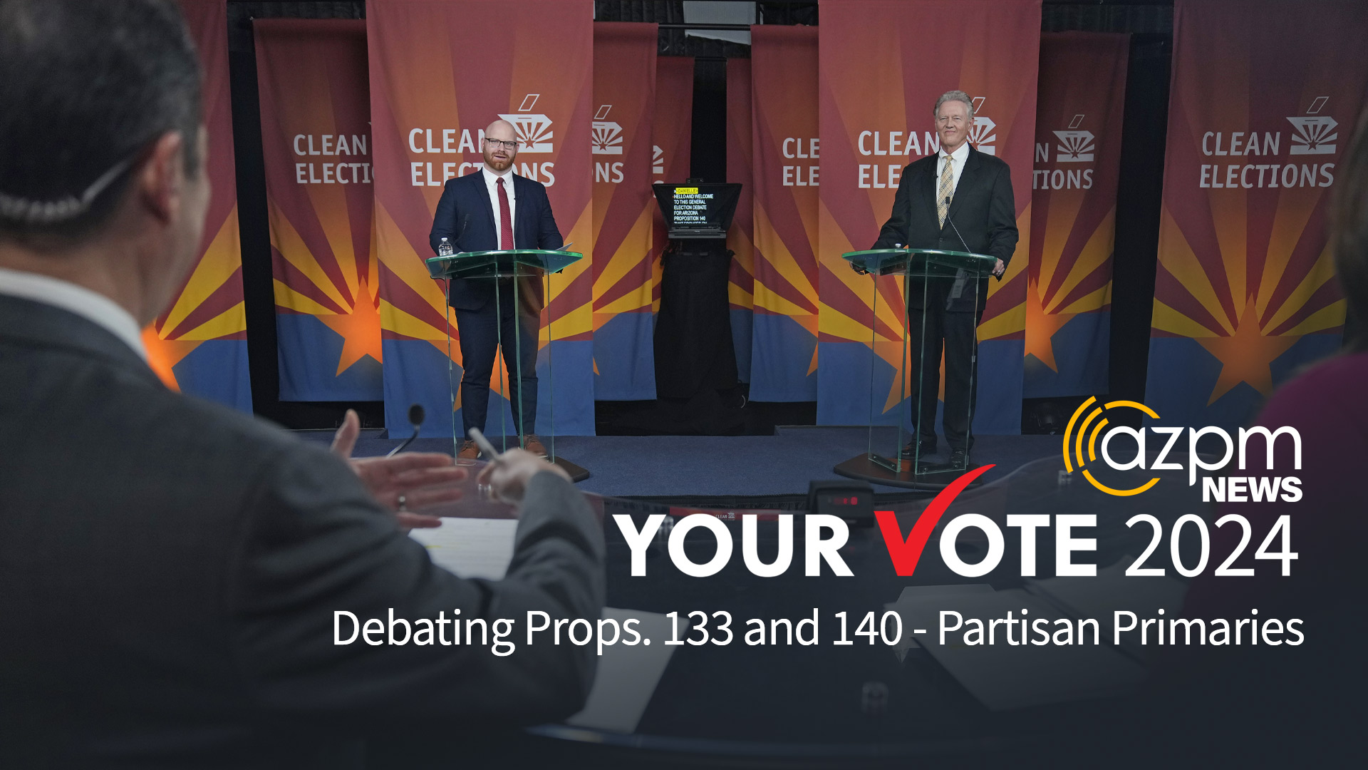 Brennan A.R. Bowen (left), Associate, Holtzman Vogel and Paul Johnson, Prop. 140 Co-Chair and Former Phoenix Mayor, debate propositions 140 and 133.