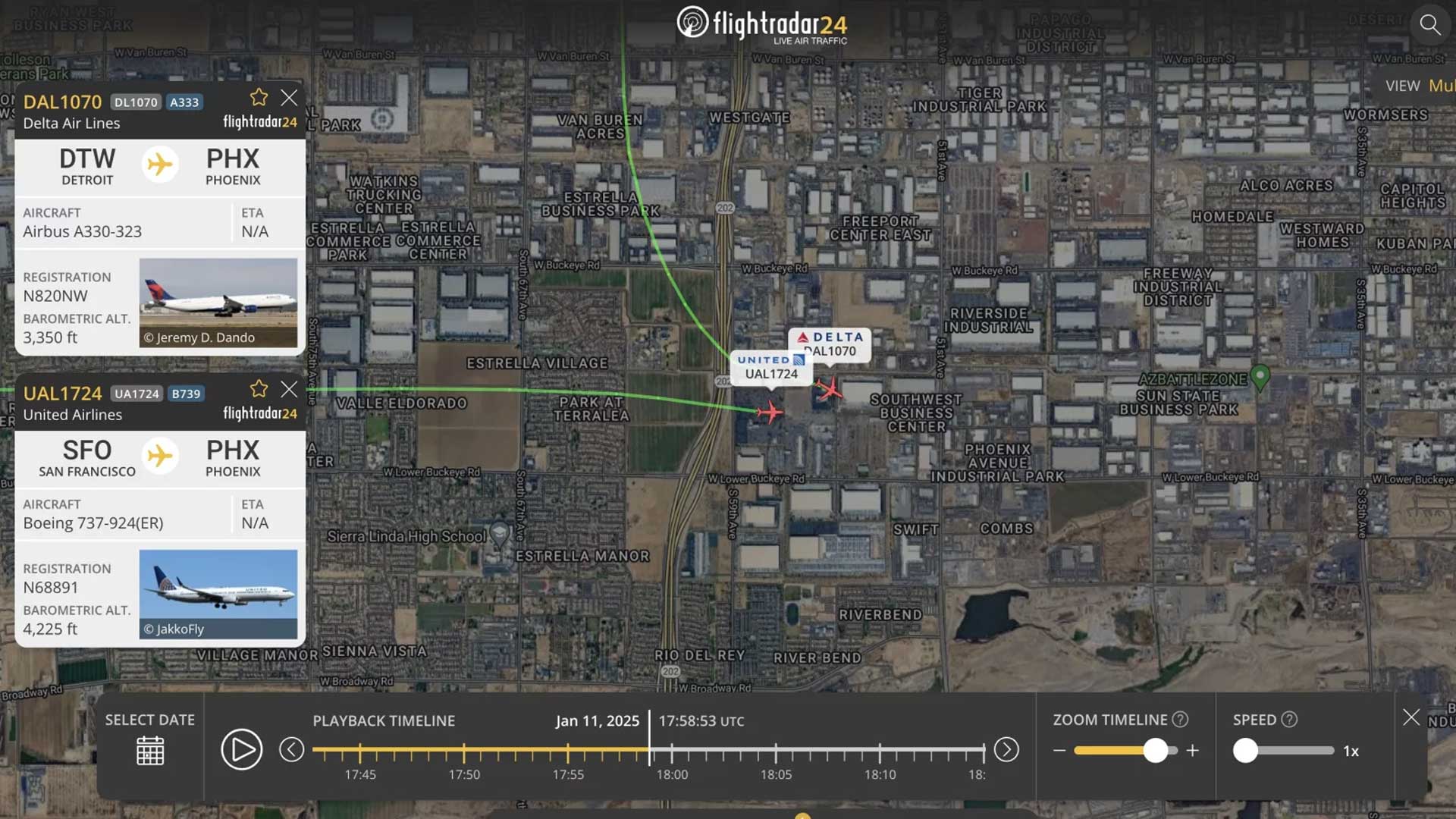 This screen capture provided by the tracking company Flightradar24 shows the United 737 and Delta A330 flying close to each other as they tried to land in Phoenix. They were within about 1,200 feet laterally and 875 feet vertically at their closest point.