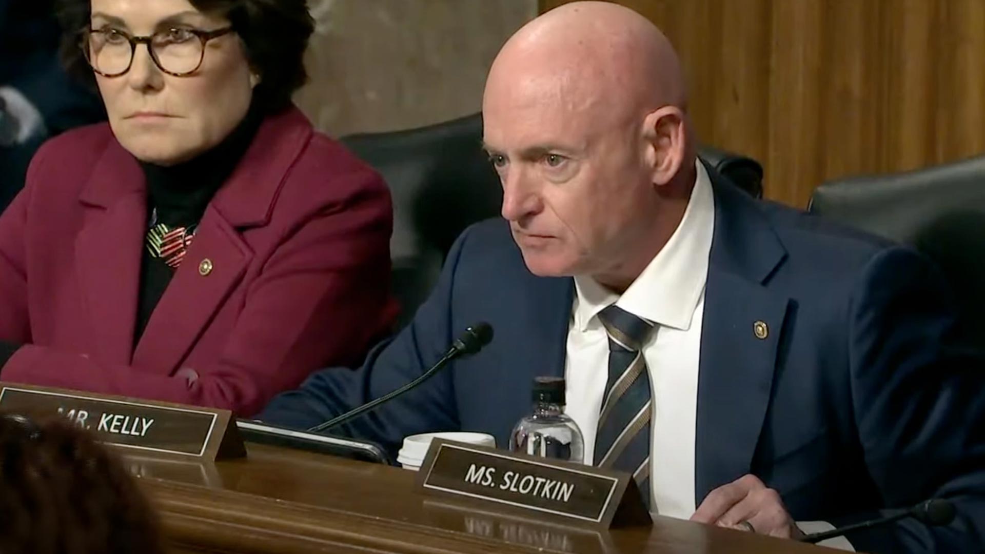 Arizona Senator Mark Kelly questioning Secretary of Defense nominee Peter Hegseth during the Senate Armed Services Committee hearing on Tuesday, Jan. 14, 2024