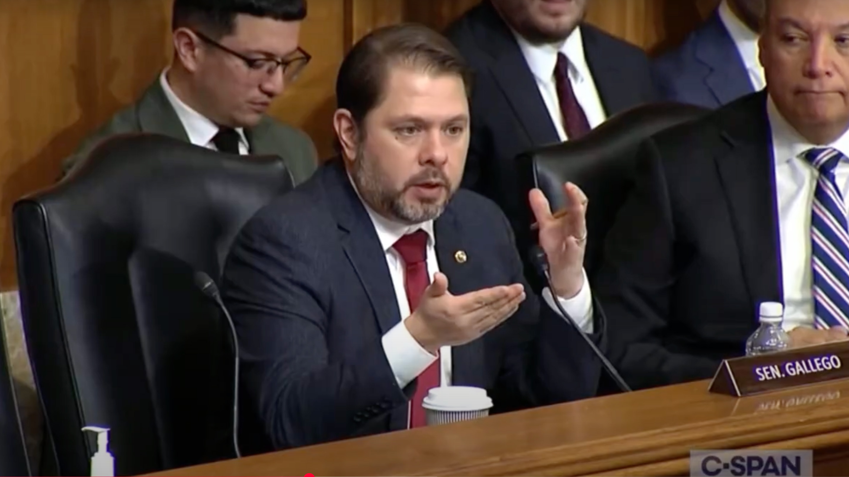 Arizona Senator Ruben Gallego questions Secretary of Energy nominee Chris Wright, during a confirmation hearing held by the Senate Committee on Energy and Natural Resources, Wednesday, Jan. 15, 2024. 