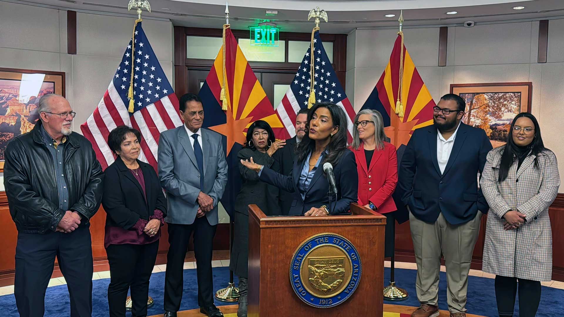 Maria Elena Cruz speaks to reporters after Democratic Arizona Gov. Katie Hobbs announces Cruz's appointment to the Arizona Supreme Court in Phoenix on Wednesday, Jan. 29, 2025. 