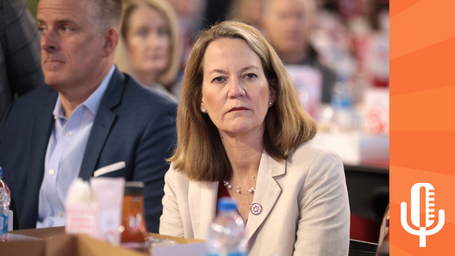 Arizona Attorney General Kris Mayes speaking with attendees at the 2023 Legislative Forecast Luncheon hosted by the Arizona Chamber of Commerce & Industry at Chase Field in Phoenix, Arizona.