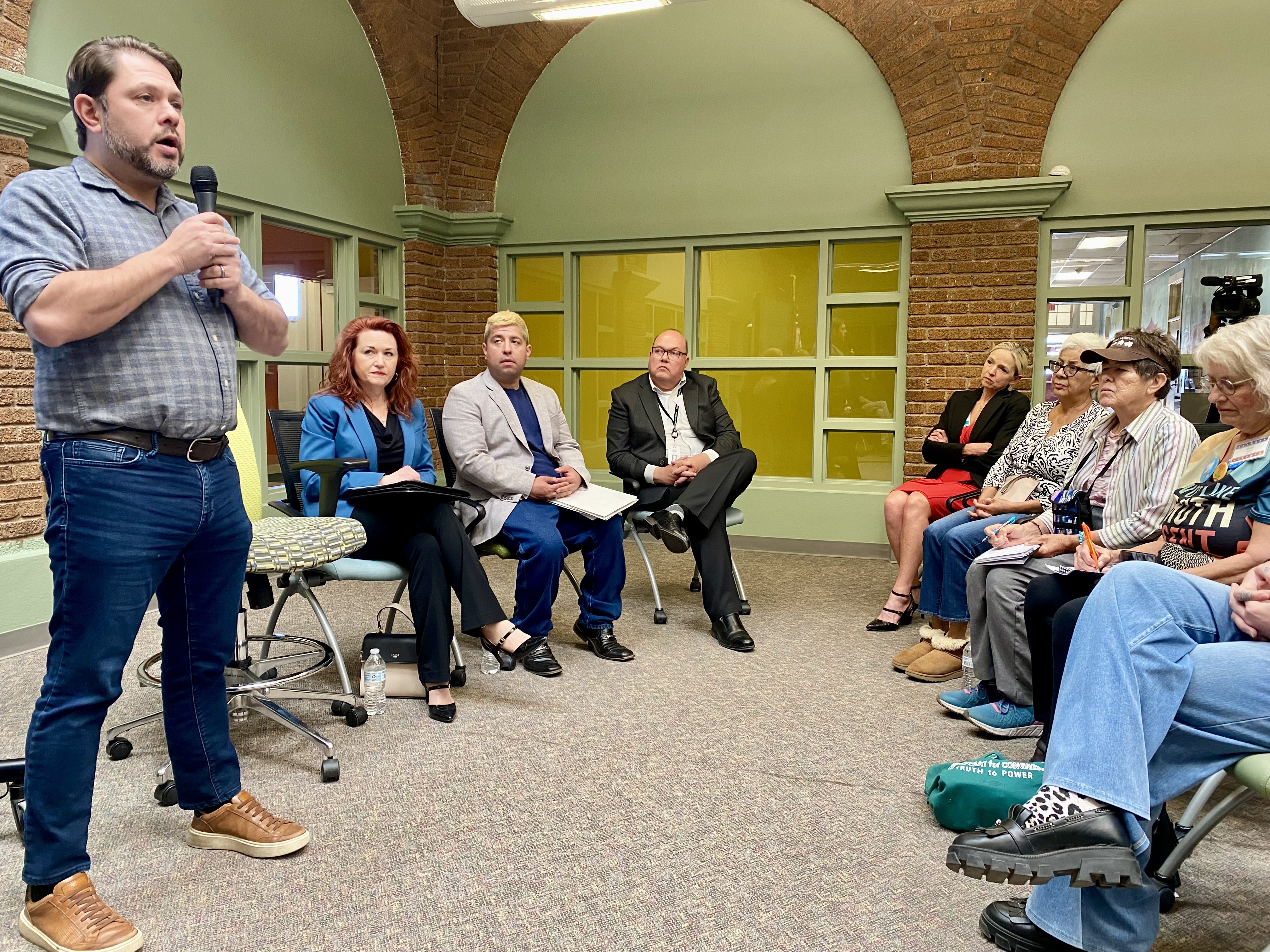 Sen. Ruben Gallego talks to constituents, at the Chiricahua Community Health Center in Douglas on March 18, 2025, about their fears over Medicaid cuts the week after Congress passed a budget with directions for cuts that put Medicaid at risk. 