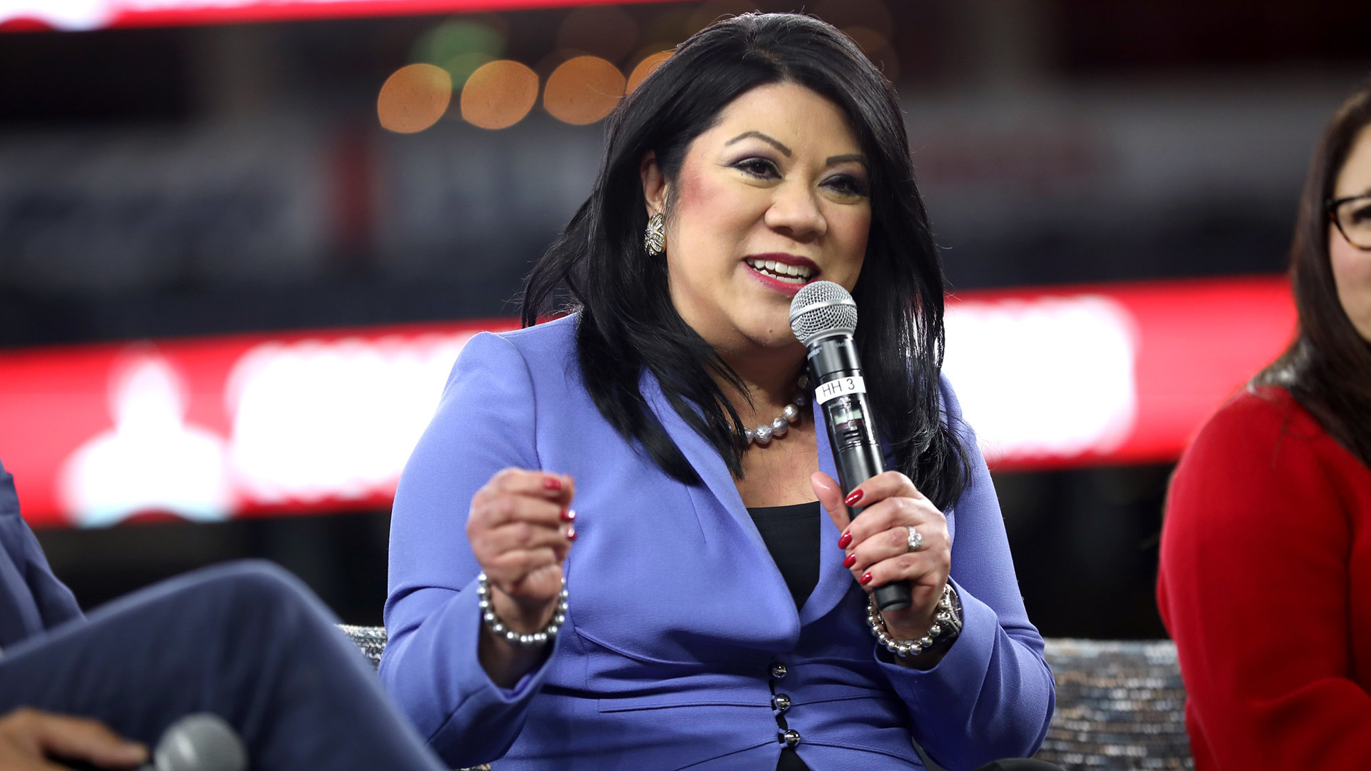Arizona State Treasurer Kimberly Yee speaking with attendees at the 2024 Legislative Forecast Luncheon hosted by the Arizona Chamber of Commerce & Industry at Chase Field in Phoenix, Arizona.
