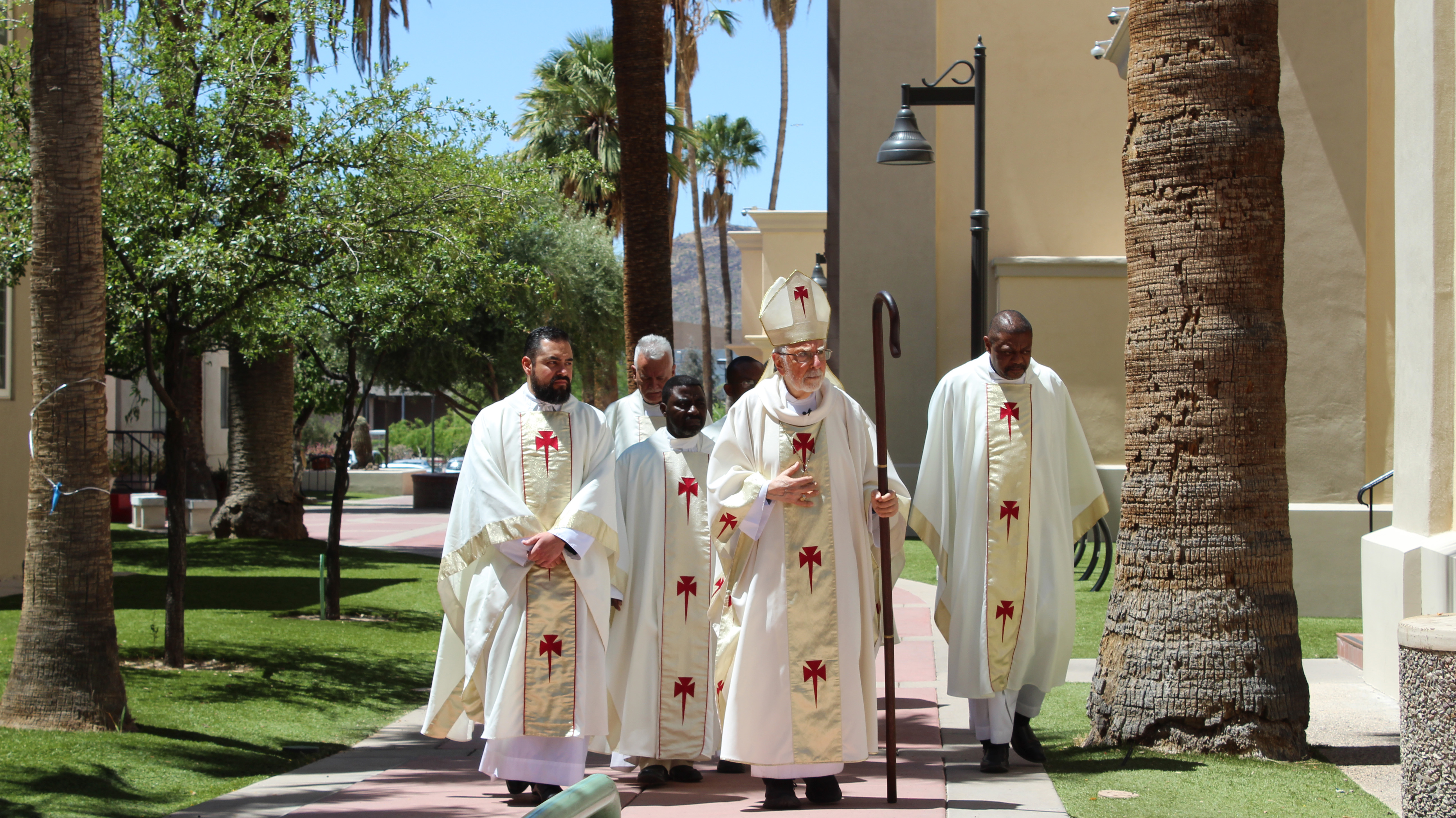 Most Reverend Gerald Kicanas walks towards the entrance of St. Augustine Cathedral in downtown Tucson, Ariz., on Monday, April 21, 2025. The Apostolic Administrator and former Bishop of the Diocese of Tucson held a reposal mass for the passing of the Catholic Pope Francis who died on Easter Monday. The 266th Pope was 88 and suffered a stroke and cardiac arrest. 
