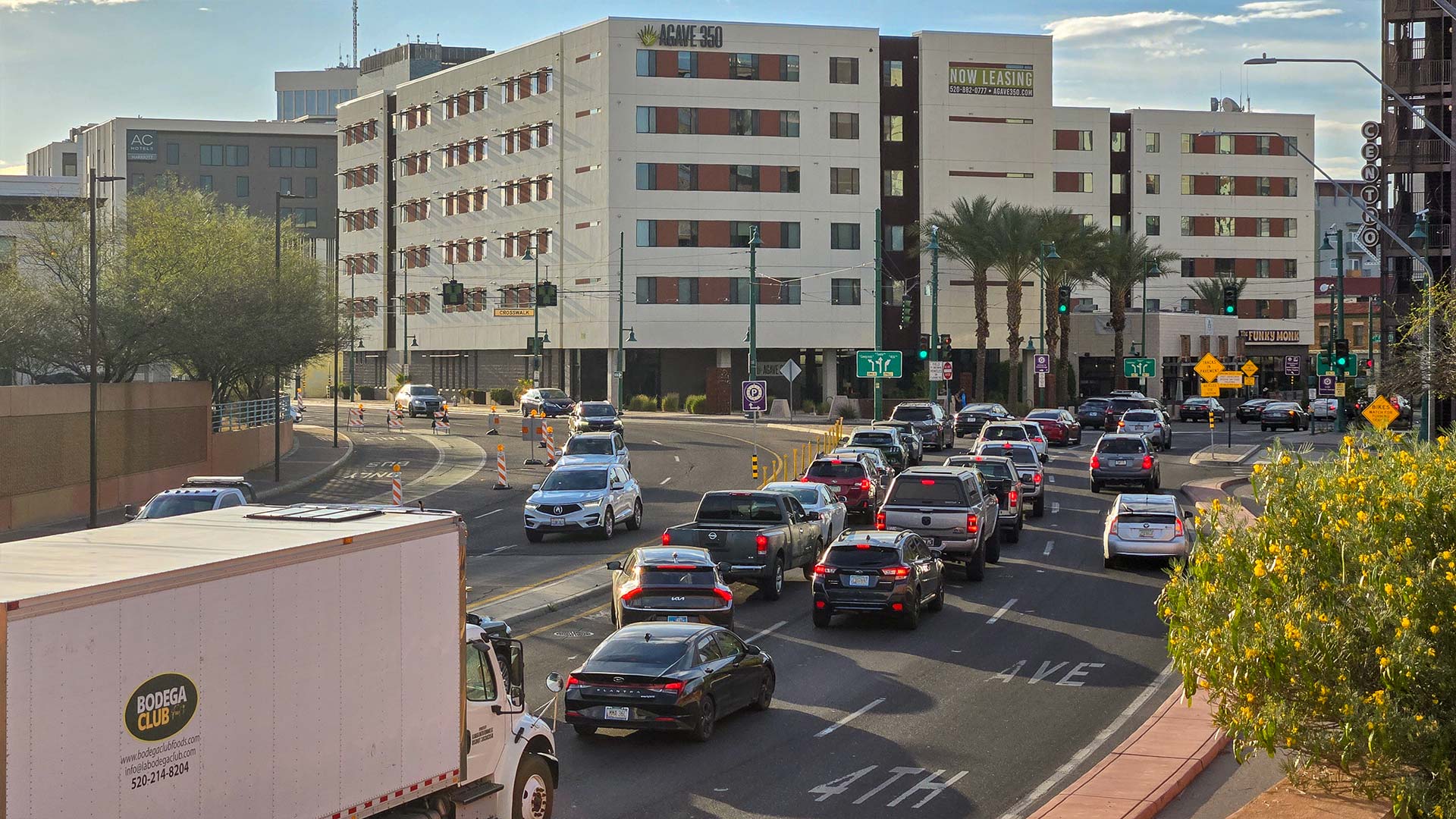 Traffic backs on Broadway Boulevard as it enters downtown Tucson.