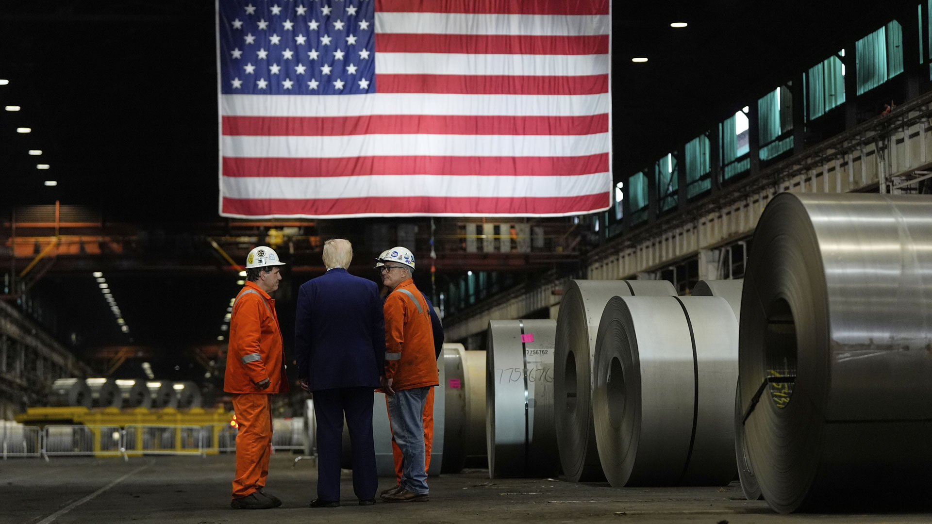 President Donald Trump talks to workers as he tours U.S. Steel Corporation's Mon Valley Works-Irvin plant, Friday, May 30, 2025, in West Mifflin, Pa. 